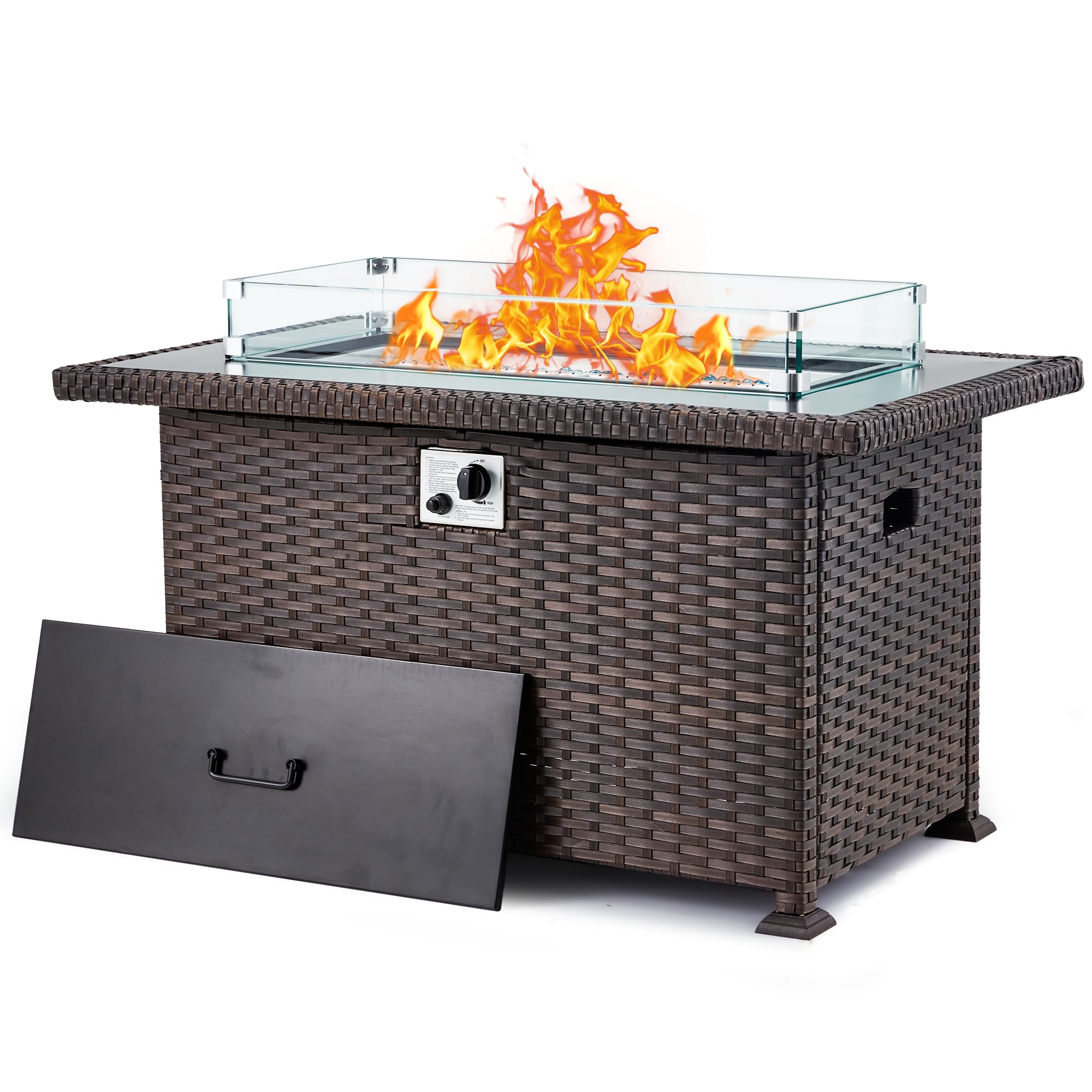 GYUTEI 44 Inch Outdoor Propane Fire Pit Table - 50,000 BTU Stainless Steel Burner with CSA Certification, Wind Guard & Glass Beads - Slide-Out Tank Holder for Patio, Backyard, Deck (Dark Brown) - Perfect for Outdoor Gatherings, Camping & Relaxation