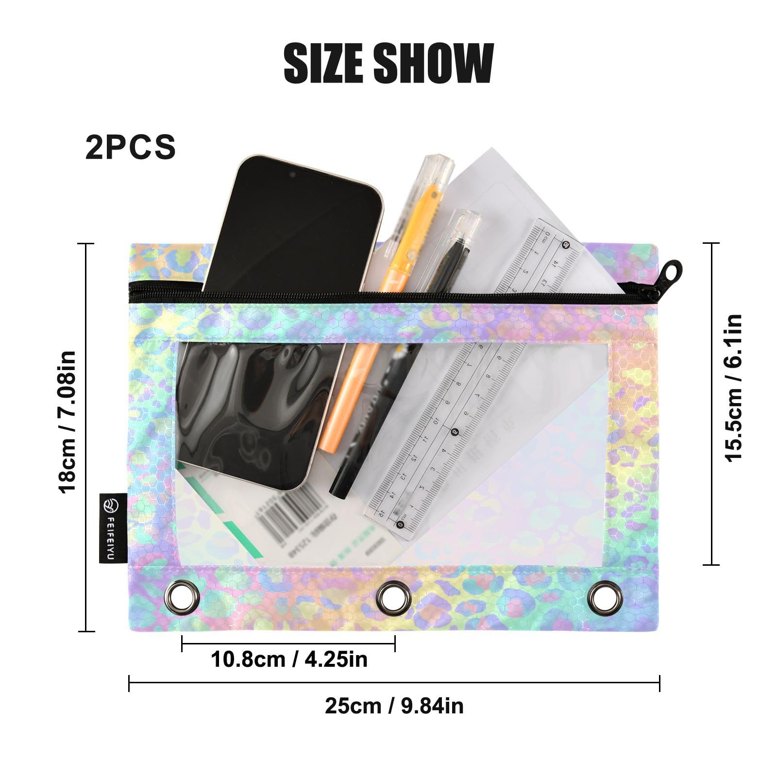 Gradient Leopard Print Pencil Pouch with Zipper & Clear Window - 2 Pack Binder Pencil Cases for 3 Ring Binders - Perfect for Office, School & Daily Organization Supplies