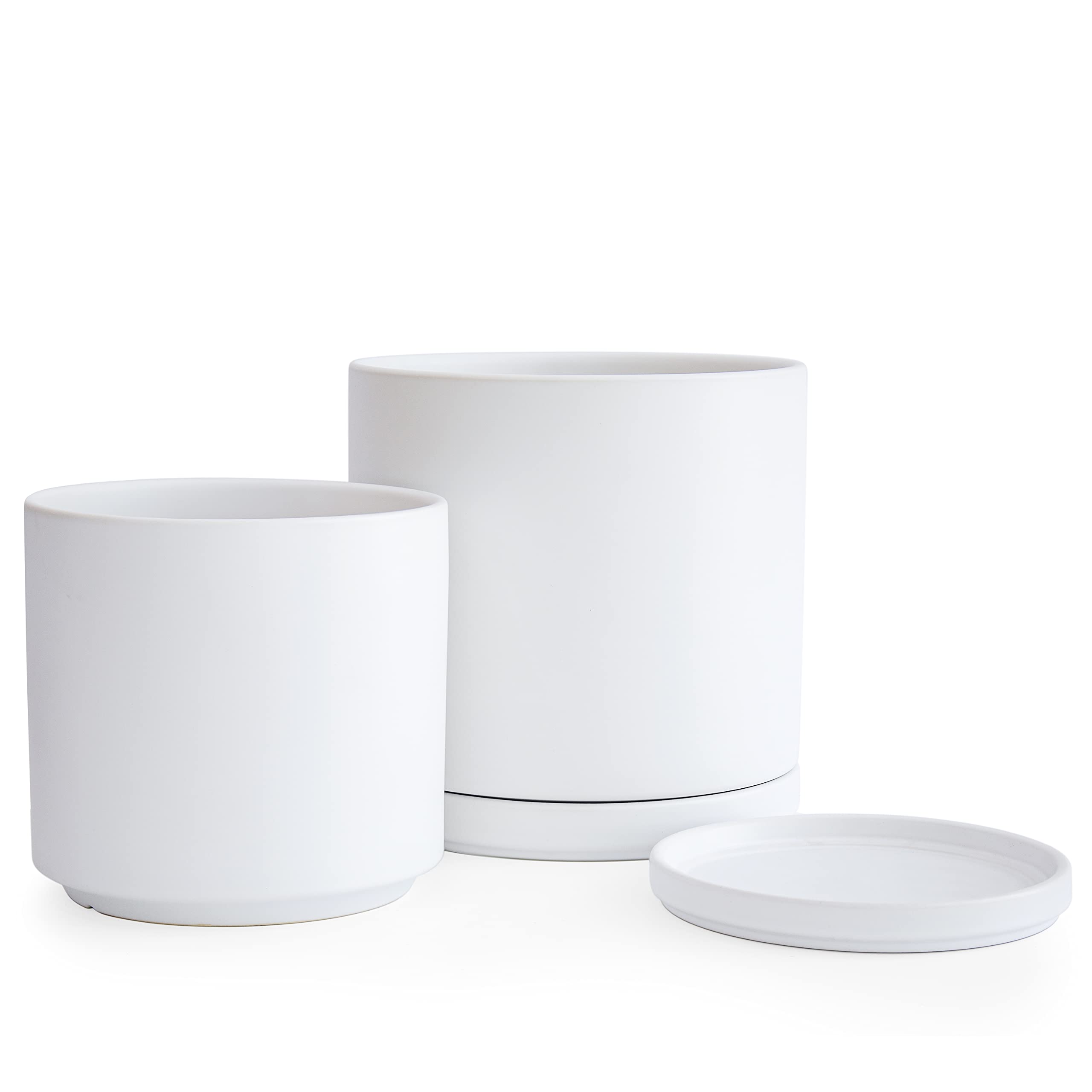 8 & 10 Inch White Ceramic Plant Pots with Drainage Hole & Saucer - Large Flower Planters for Indoor Outdoor Home Garden Decor - D'vine Dev Set of 2 (94-G-L-1)