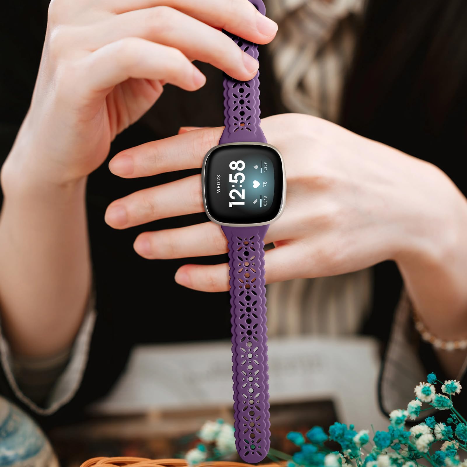 Dirrelo Soft Silicone Replacement Band Compatible with Fitbit Versa 3/Sense/Versa 4/Sense 2 - Breathable Hollow-Out Sport Strap for Women | Perfect for Workouts, Running & Daily Wear