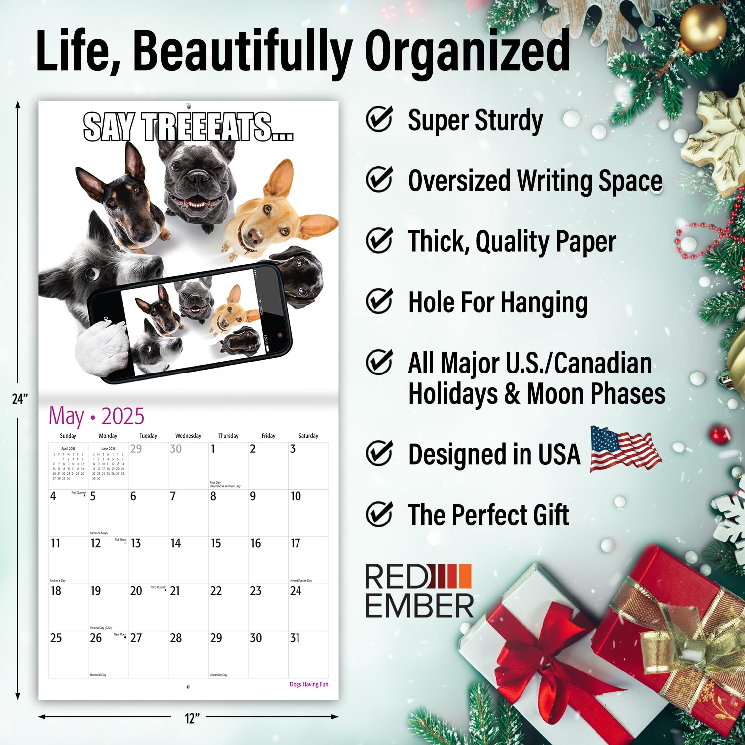 RED EMBER Dogs Having Fun 2025 Wall Calendar - 12 Month Large 12x24 Inch with Thick Sturdy Paper - Perfect Gift for Dog Lovers & Home Office Decor