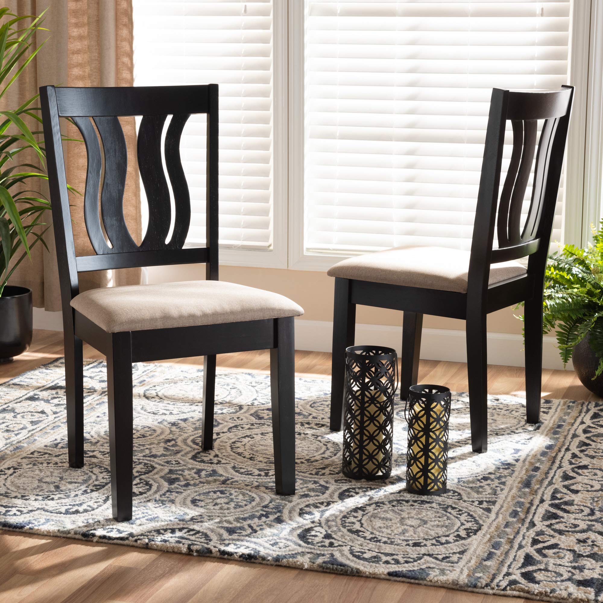 Baxton Studio Fenton Dining Chair Set - 2-Piece Upholstered Sand Fabric Chairs with Dark Brown Wood Finish | Modern Kitchen & Dining Room Furniture for Home Decor