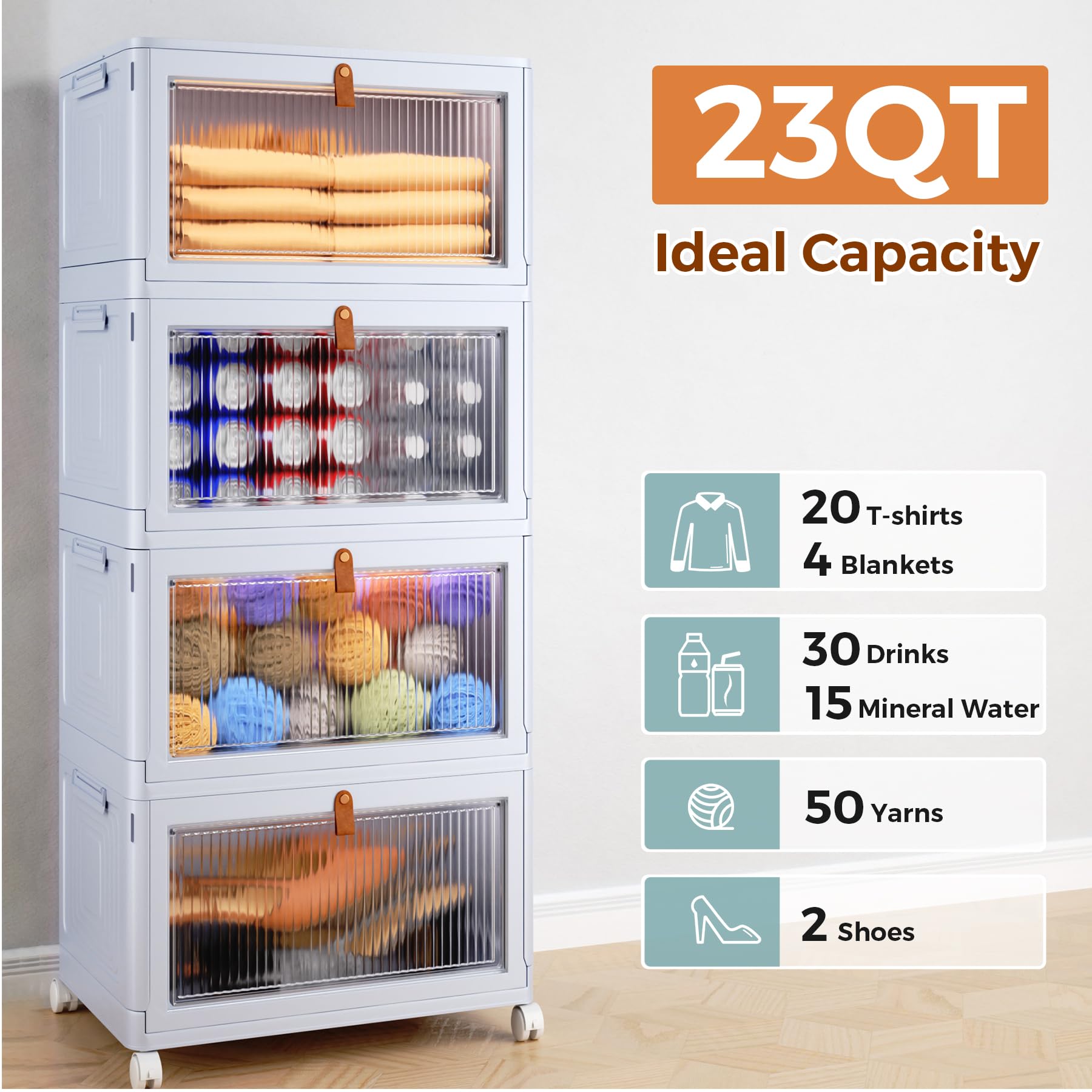 4 Tier Stackable Plastic Storage Bins with Lids & Wheels - 23 QT Foldable Organizer Containers for Closet, Pantry, Home, Dorm, Craft Supplies | Space-Saving Grey Storage Boxes for Bedroom, Office & Garage Organization
