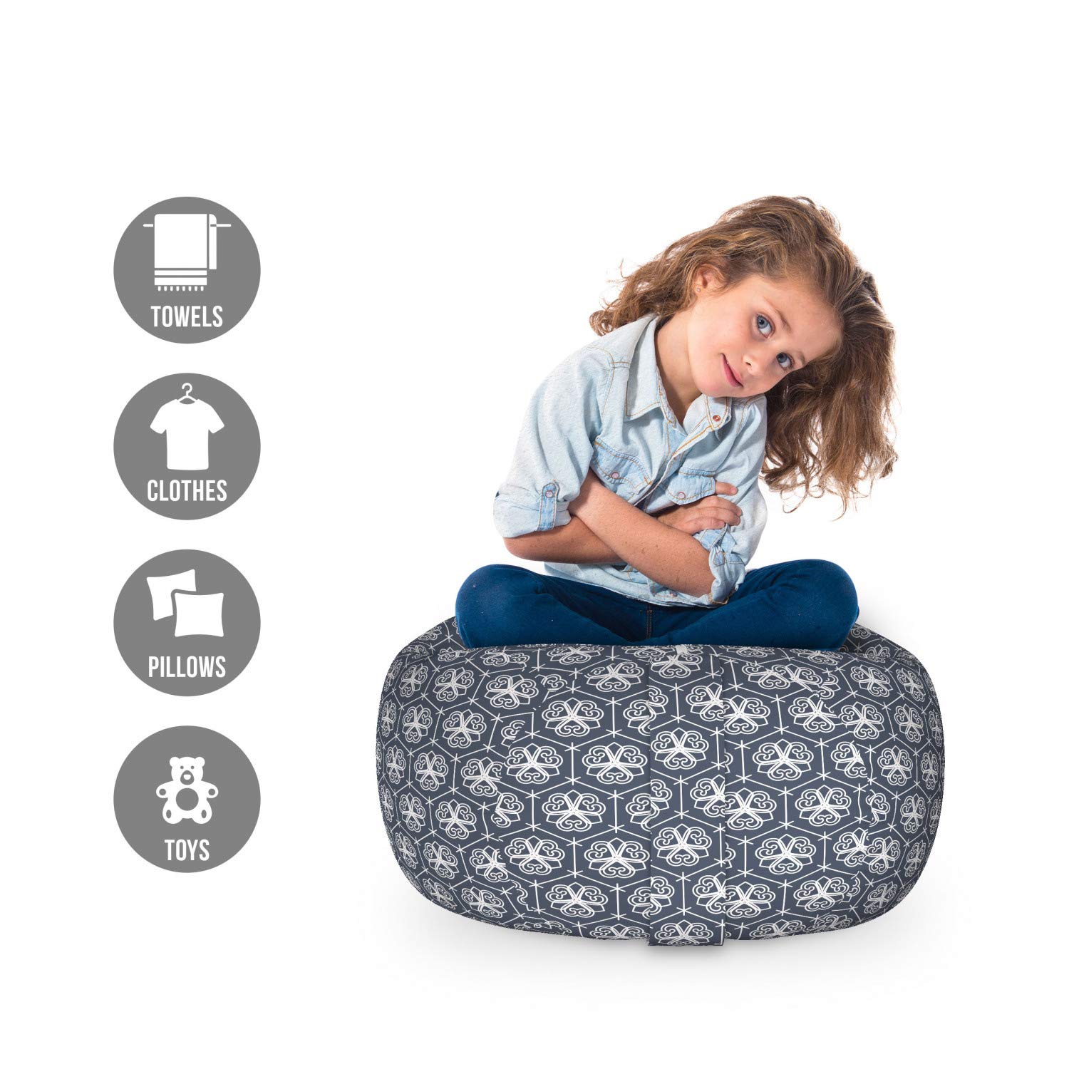 Ambesonne Japanese-Inspired Hexagon Floral Geometric Toy Storage Bag Chair - Washable Stuffed Animal Organizer, Small Size in Charcoal Grey & Dark Blue - Perfect for Kids' Room, Nursery Organization & Playroom Storage