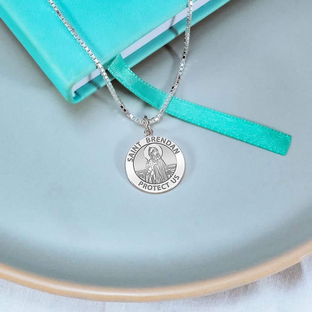 Saint Brendan Religious Medal - Sterling Silver & 10K/14K Gold Round Pendant Necklace for Men & Women | Christian Jewelry, Protection Charm, Baptism & Confirmation Gift | Faith-Based Accessories for Daily Wear & Special Occasions