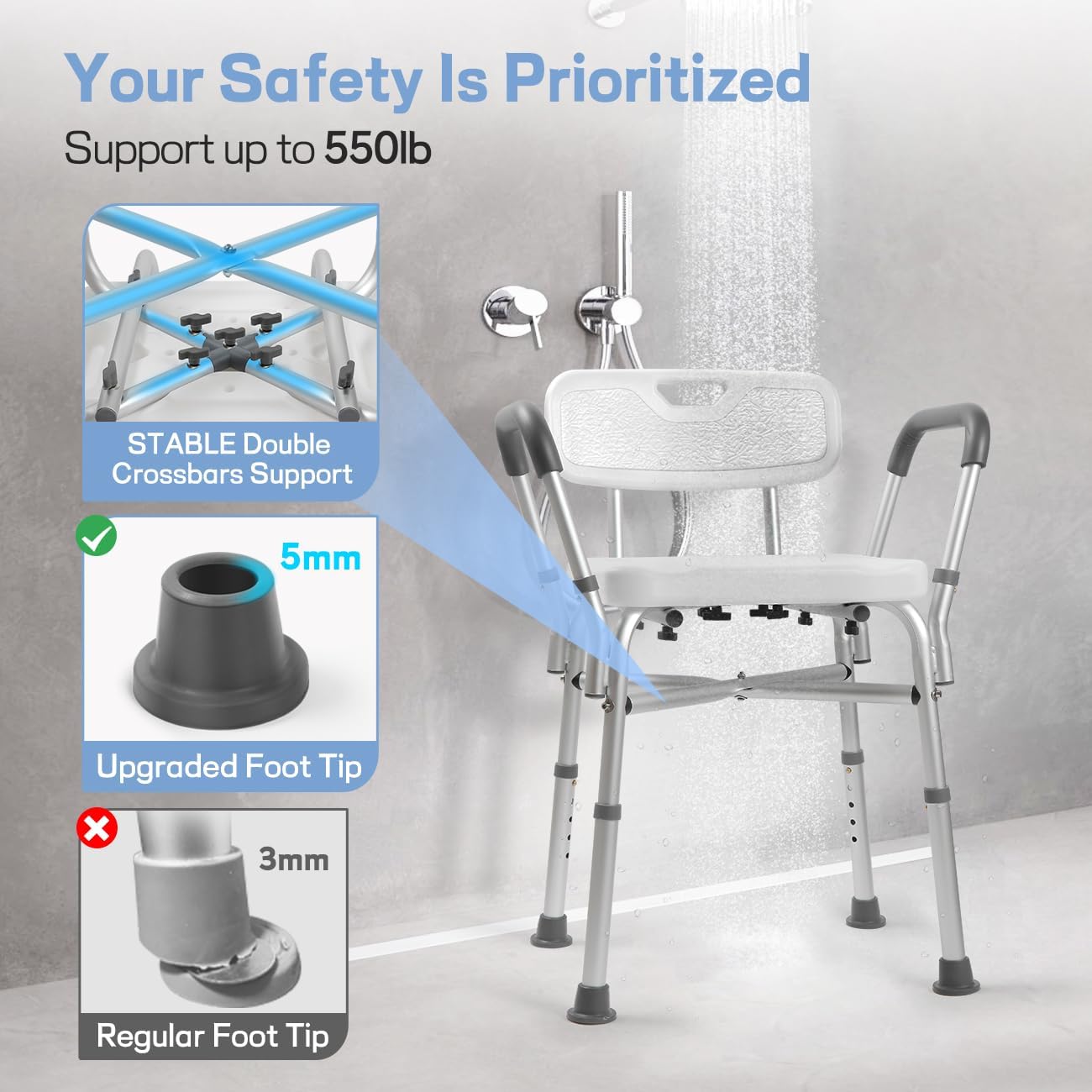 TABEKE Adjustable Shower Chair with Backrest & Padded Armrest - 500lb Capacity Compact Bath Seat for Elderly & Disabled - FSA/HSA Eligible Non-Slip Shower Bench with Suction Cups - Perfect for Safe Bathing & Handicap Accessibility in Home Bathrooms
