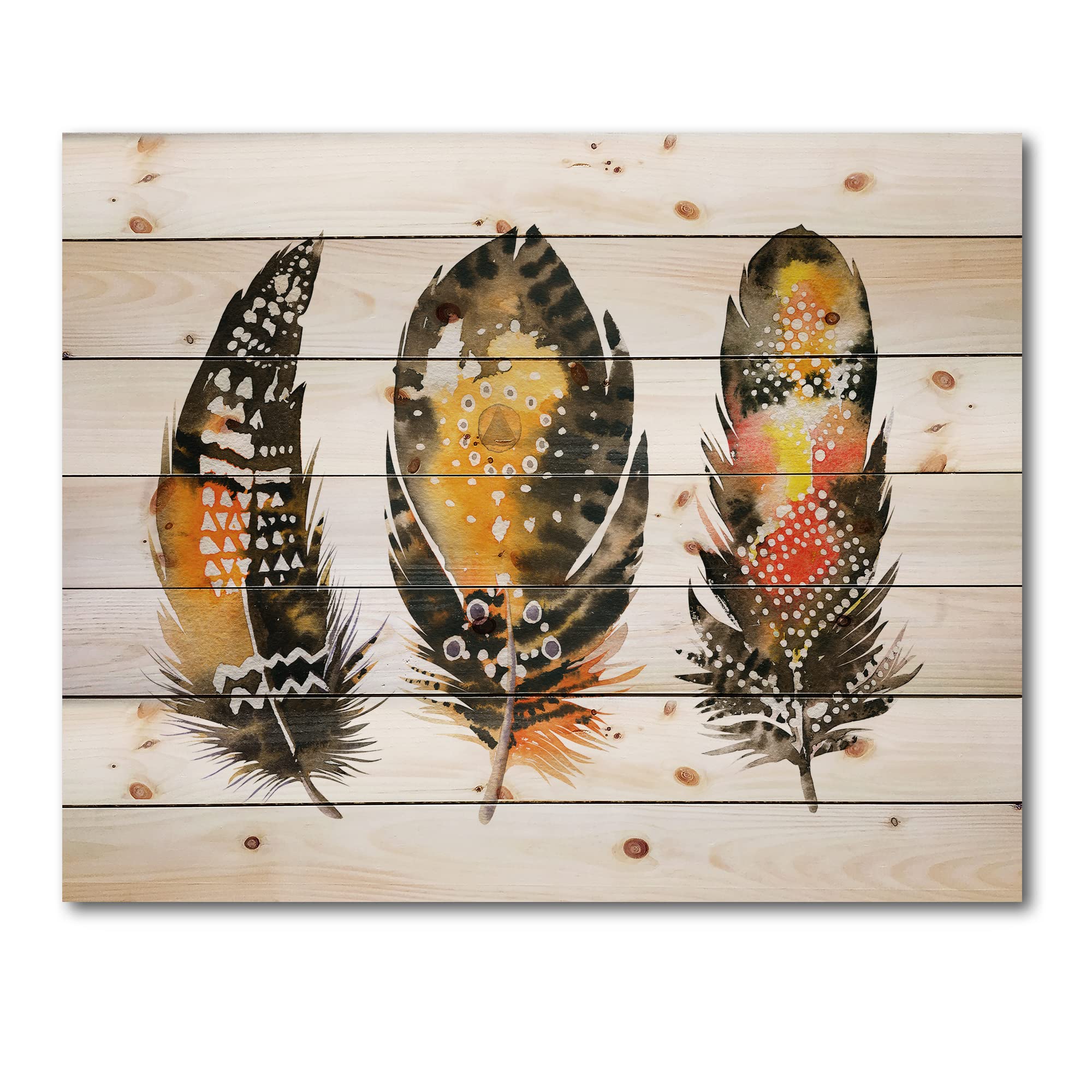 Bohemian Orange Feather Wood Wall Art - Handcrafted Ethnic Boho Decor, Large Animal Print Panels on Natural Pine Wood | Perfect for Living Room, Bedroom & Eclectic Home Decor