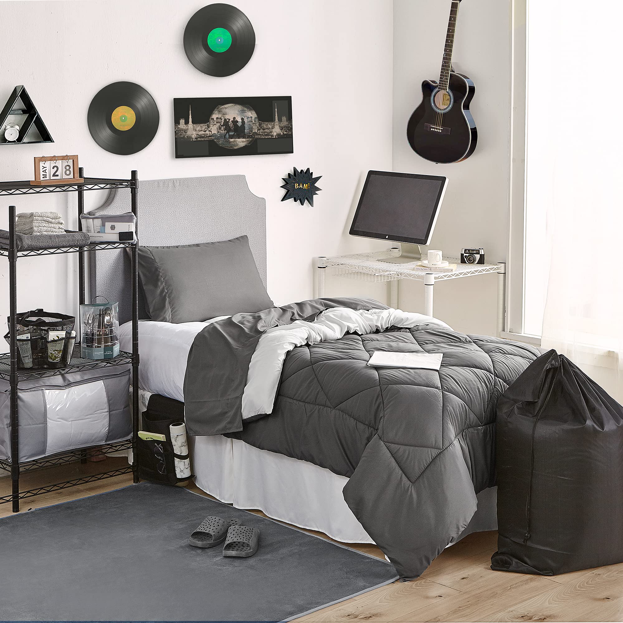 44-Piece College Dorm Essentials Set - Complete Bedding & Bath Bundle in Granite Gray & Jet Stream - Perfect for Dorm Rooms, Apartments & First Home Setup