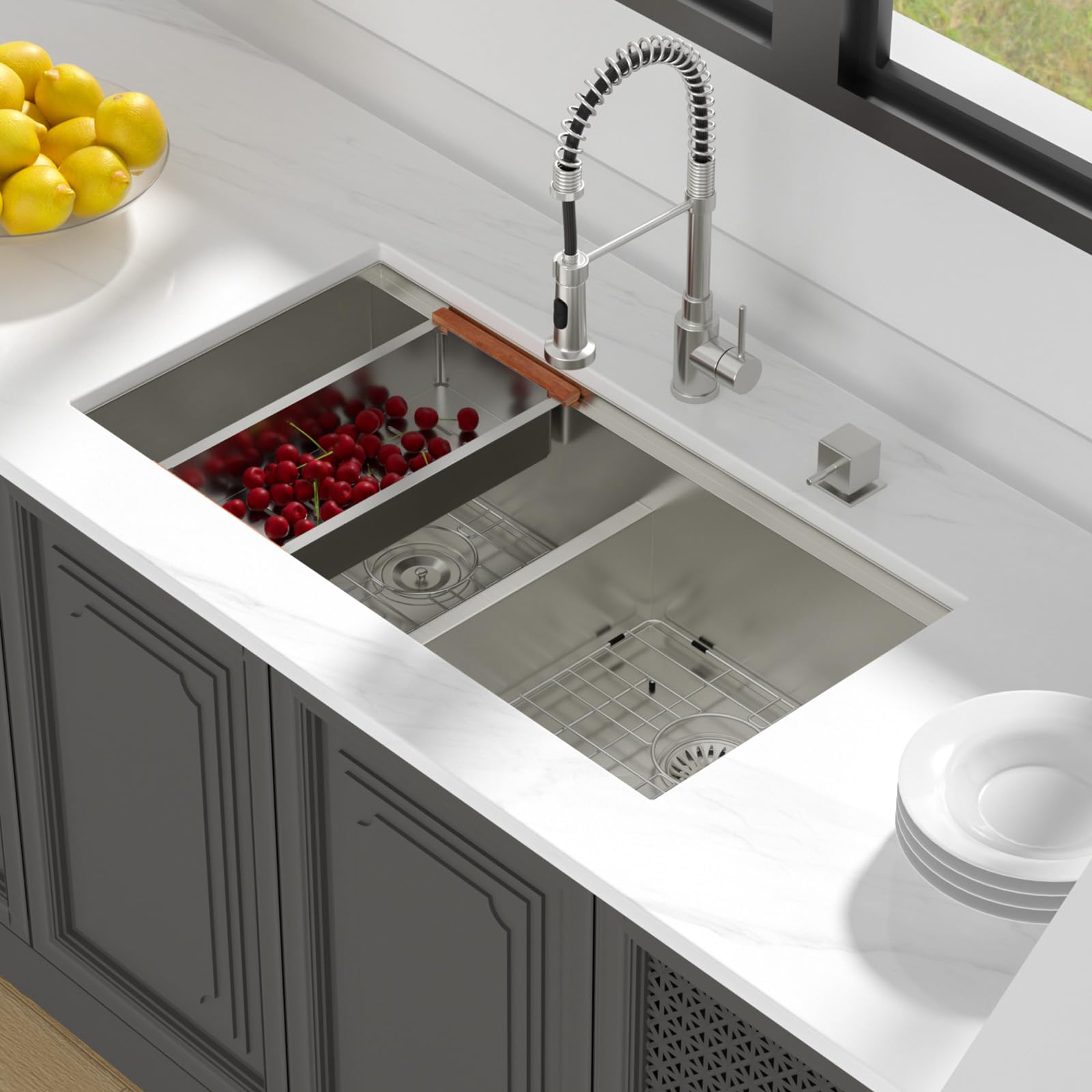 Lordear 36 Inch Undermount Double Bowl Stainless Steel Kitchen Sink - 50/50 Low Divided 16 Gauge, 36x19x10 Inch Handmade Sink for Modern Kitchens | Perfect for Meal Prep, Dishwashing & Entertaining
