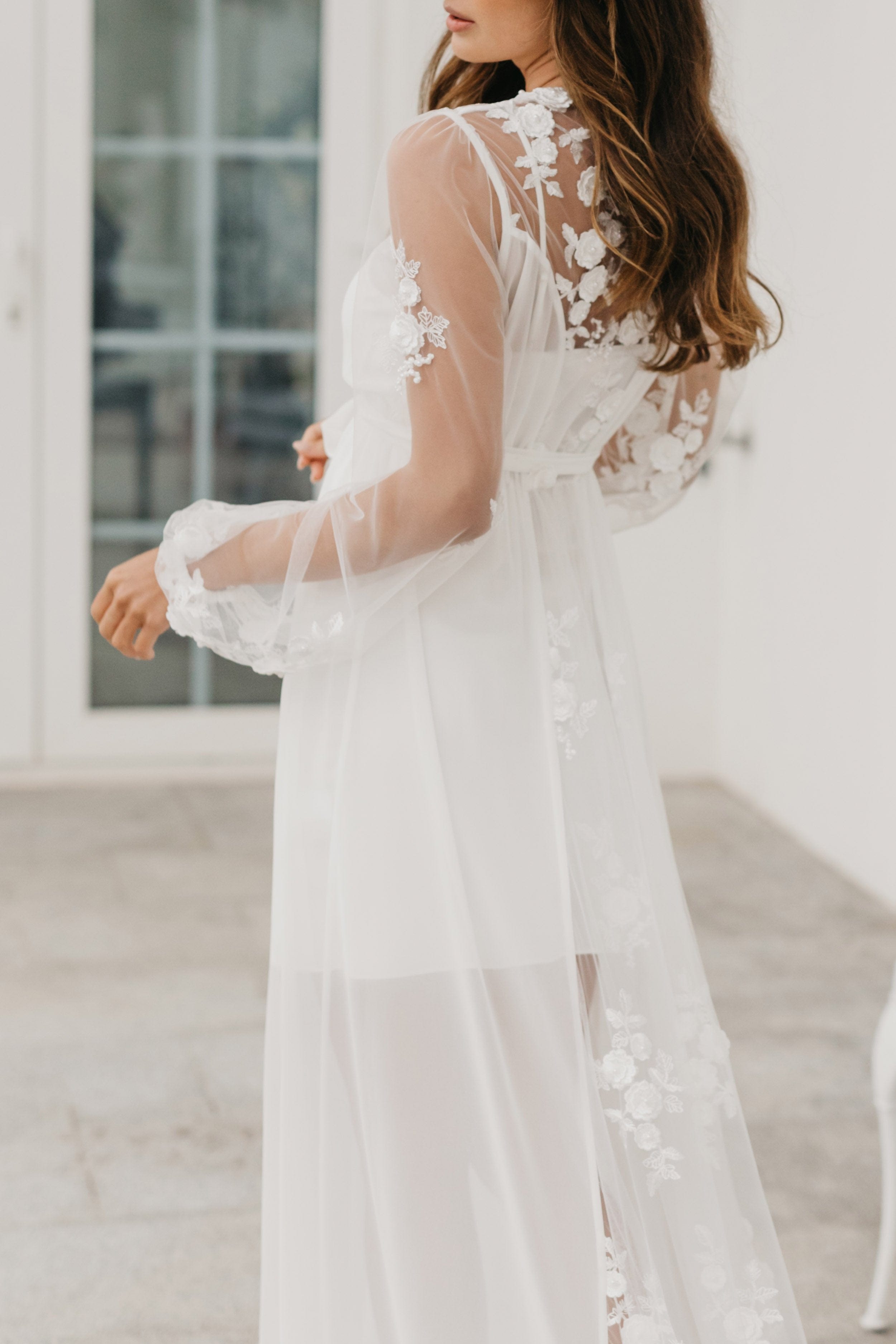 Amara Beaded Floral Lace Maxi Bridal Robe with Train & Slip - Elegant Wedding Gown for Bride, Bridesmaids & Photoshoots | Perfect for Ceremony, Reception & Honeymoon