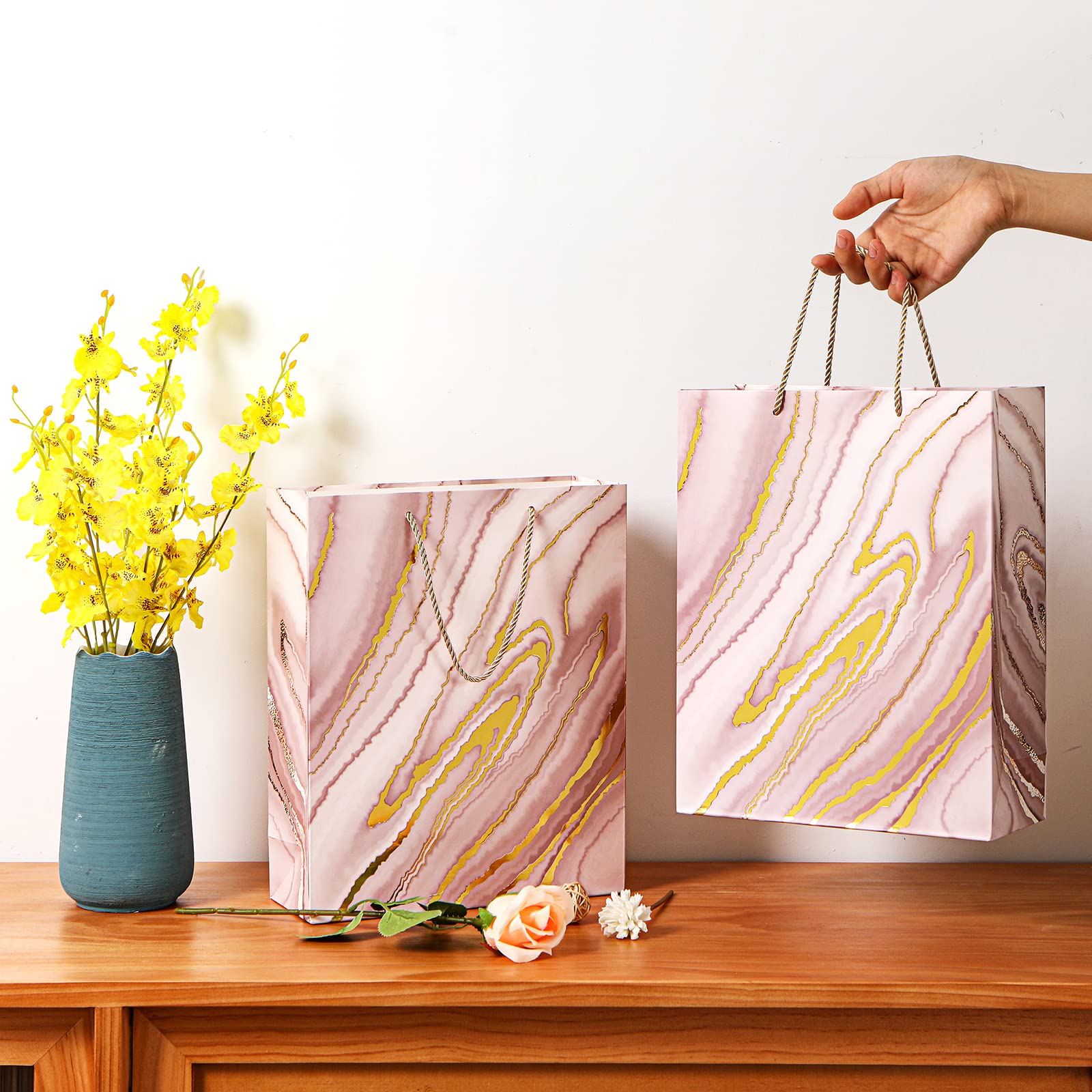 8 Pack Pink Marble Gift Bags 12.6x10.2x3.9 Inch Medium Size Party Favor Bags for Christmas, Valentine's Day, Baby Shower, Birthday, Wedding, Mother's Day - Perfect for Gift Wrapping, Party Decorations & Special Occasions