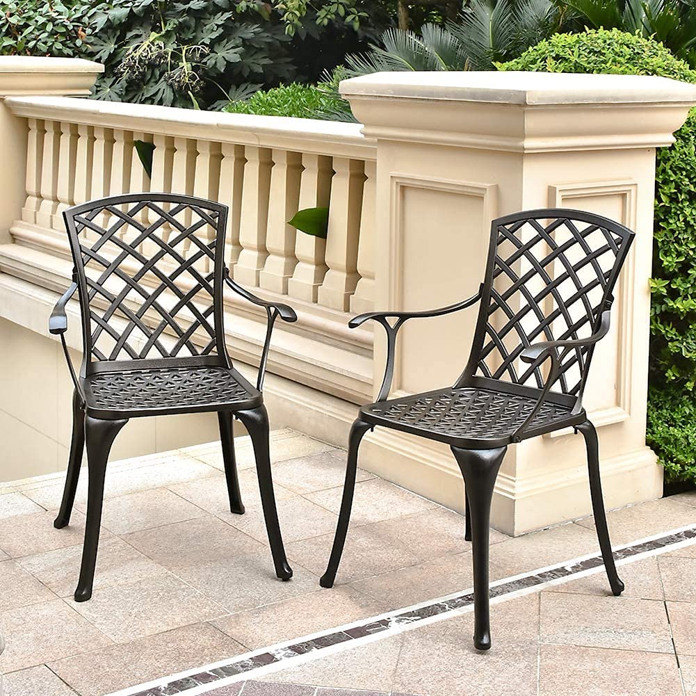 Vintage Bronze Hollow Plaid Cast Aluminum Chairs - 2-Pack Outdoor Bistro Set with Armrests for Porch, Patio, Balcony, Terrace & Yard - Durable Weather-Resistant Patio Furniture for Garden, Cafe, Restaurant & Outdoor Dining