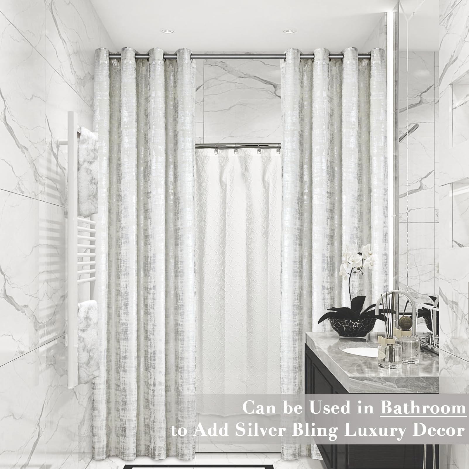 SHINELAND Silver Blackout Curtains for Bedroom - 2 Panel Set, 60-70% Light Blocking, Coquette Style for Girls Room & Preppy Decor - Perfect for Master Bedroom, Nursery, Dorm & Home Theater