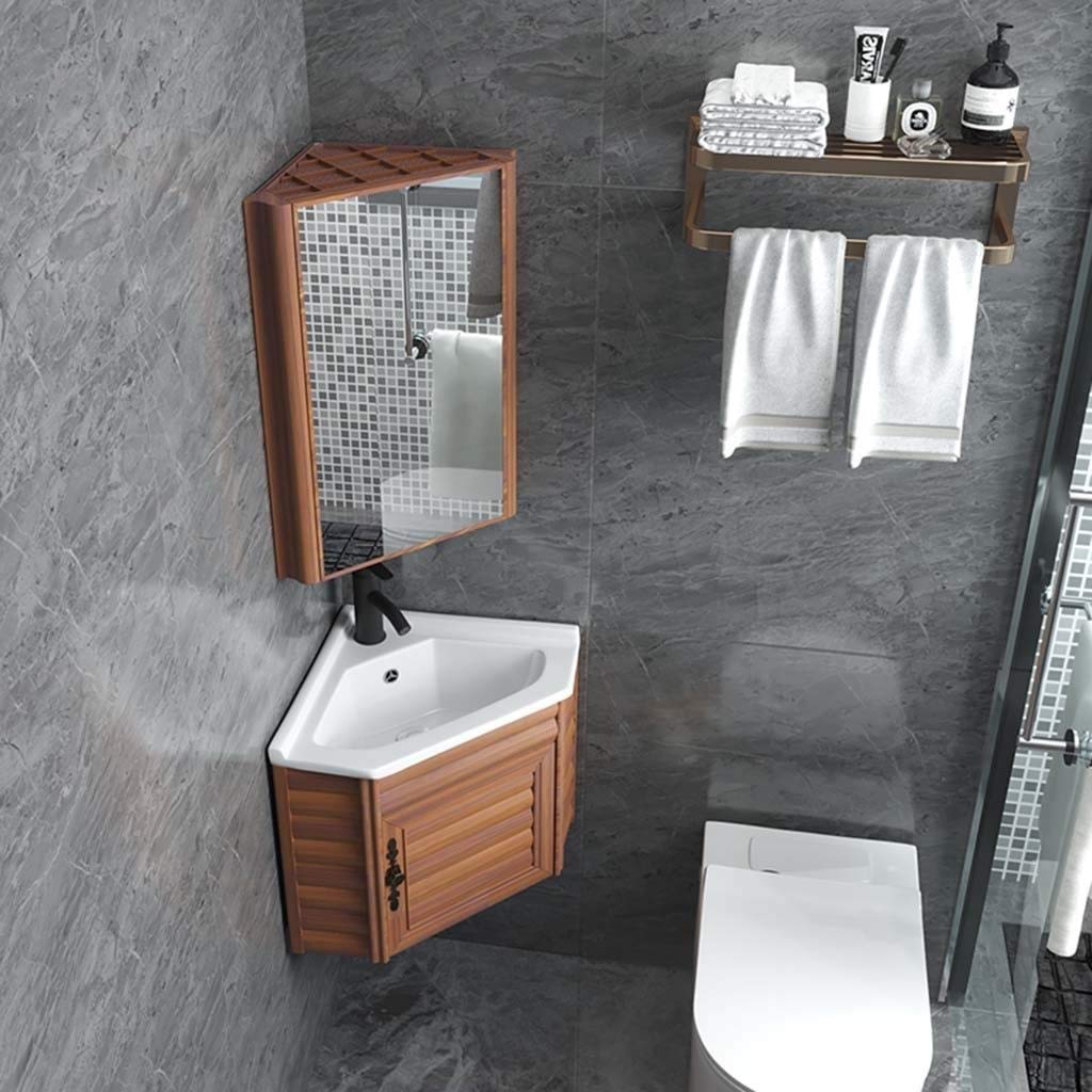 Triangular Wall Mirror Cabinet with 2-Tier Storage - Space Saving Corner Bathroom Vanity (60x32x44.5cm, Wood Finish) - Perfect for Small Bathrooms, Powder Rooms & Compact Spaces