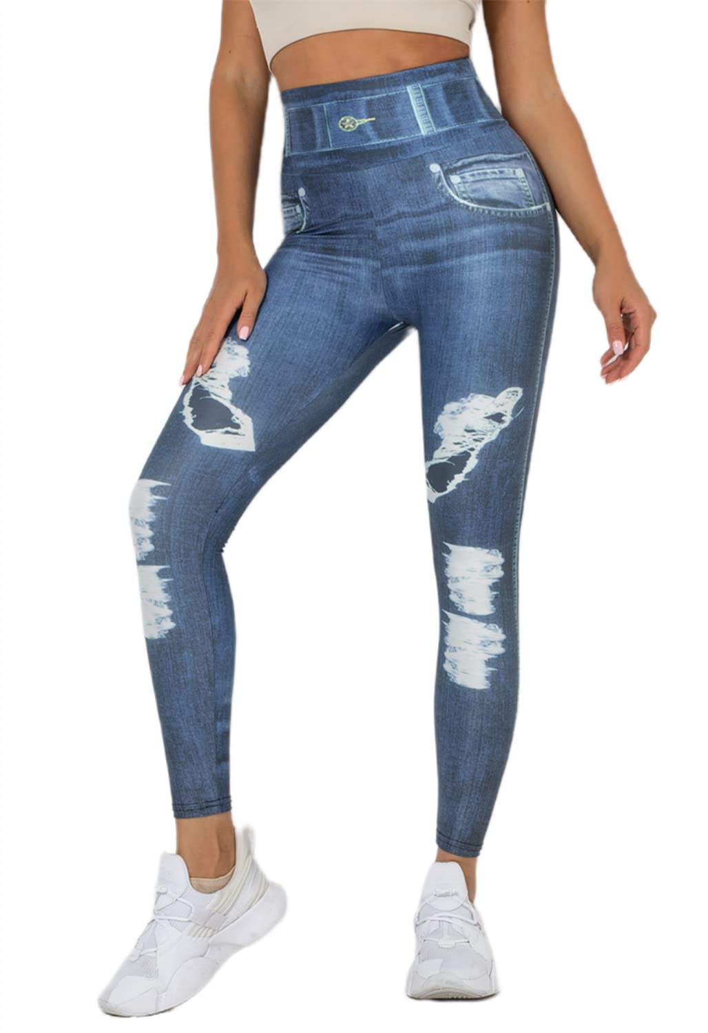 SIAOMA Women's High Waisted Denim Printed Yoga Pants - Stretch Jean Look Jeggings & Leggings for Workout, Lounge & Casual Wear