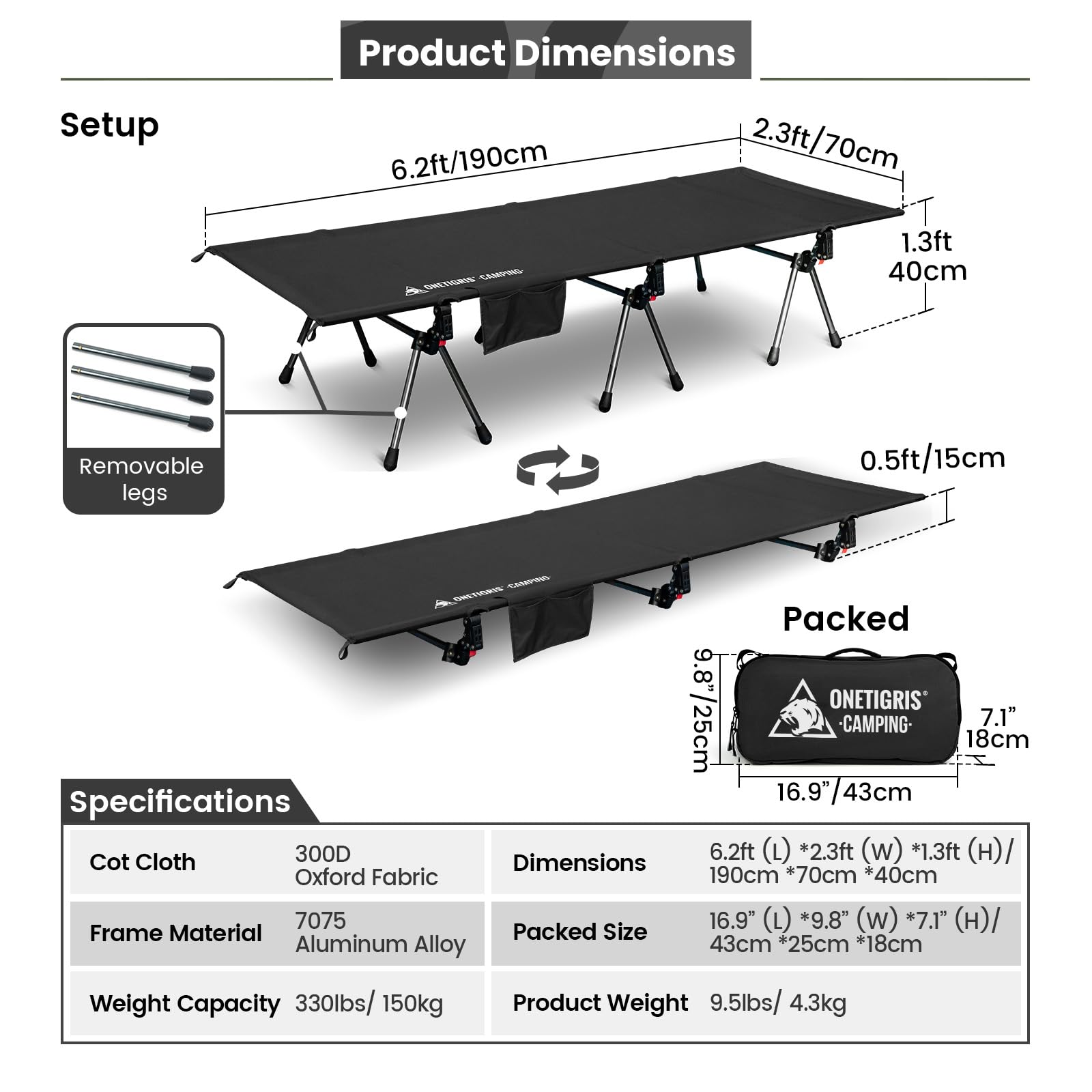 OneTigris SUPRANUBIS Adjustable Height Camping Cot - Heavy Duty 330lbs Support with Leg Extenders - Portable Folding Bed for Outdoor Adventures, Travel, Beach & Office Use - Perfect for Camping, Hiking, Truck Beds & Power Naps (Black)