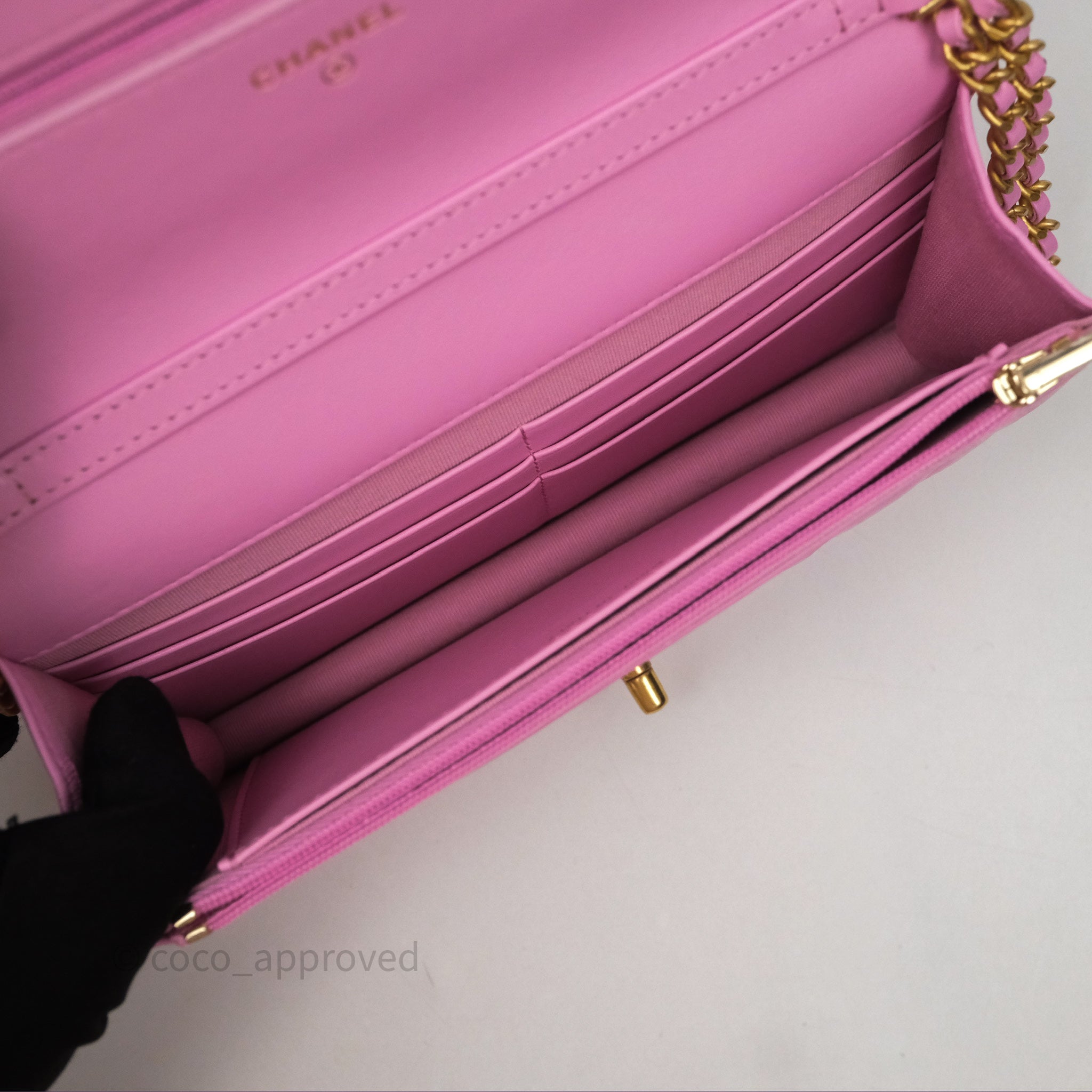 Chanel CC Chain Wallet On Chain WOC in Pink Lambskin with Aged Gold Hardware - Luxury Crossbody Bag for Women, Perfect for Evening Out & Special Occasions