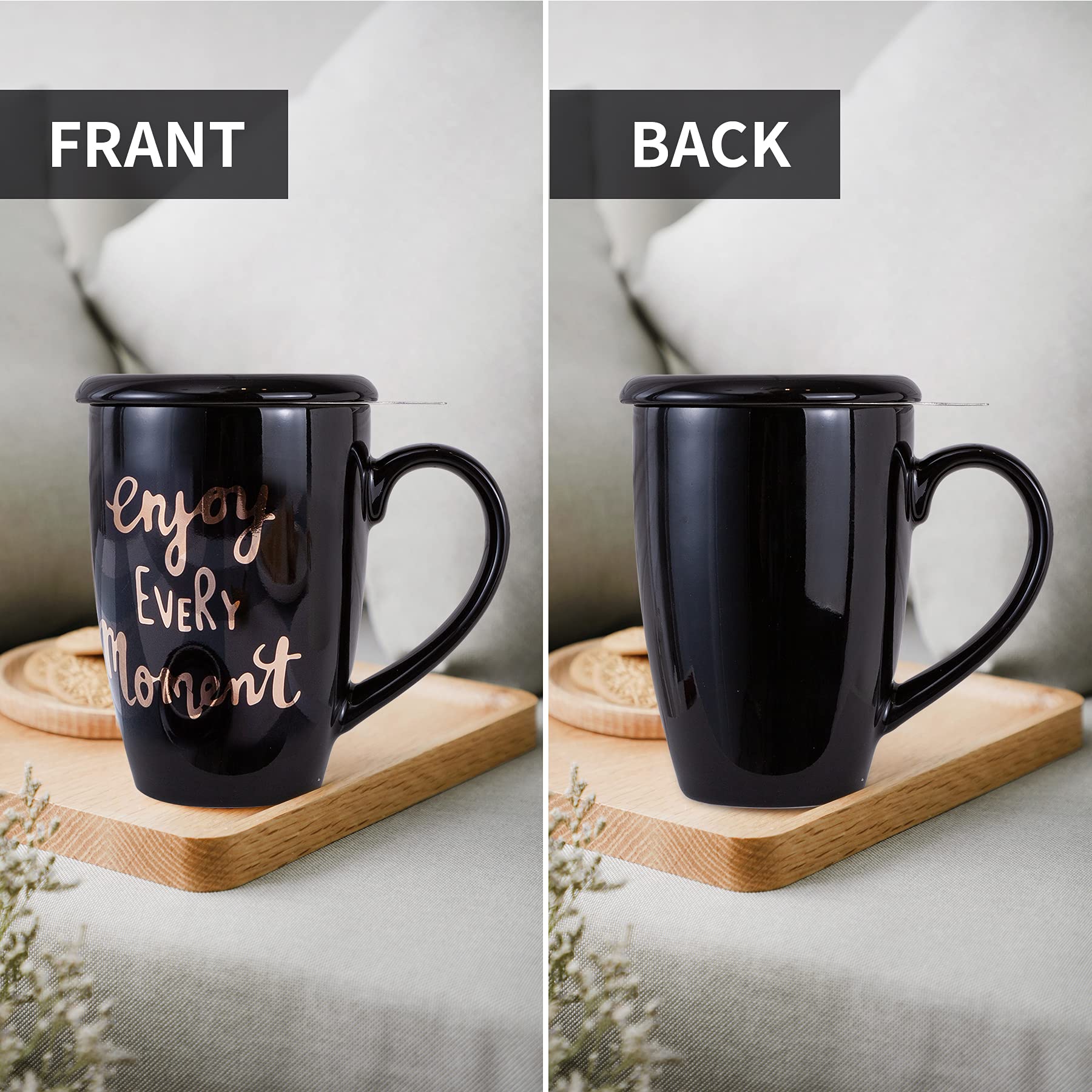 Premium Porcelain Tea Mug with Stainless Steel Infuser - 16 oz Ceramic Tea Cup with Lid, Black - Perfect for Loose Leaf Tea, Herbal Tea, and Coffee at Home or Office