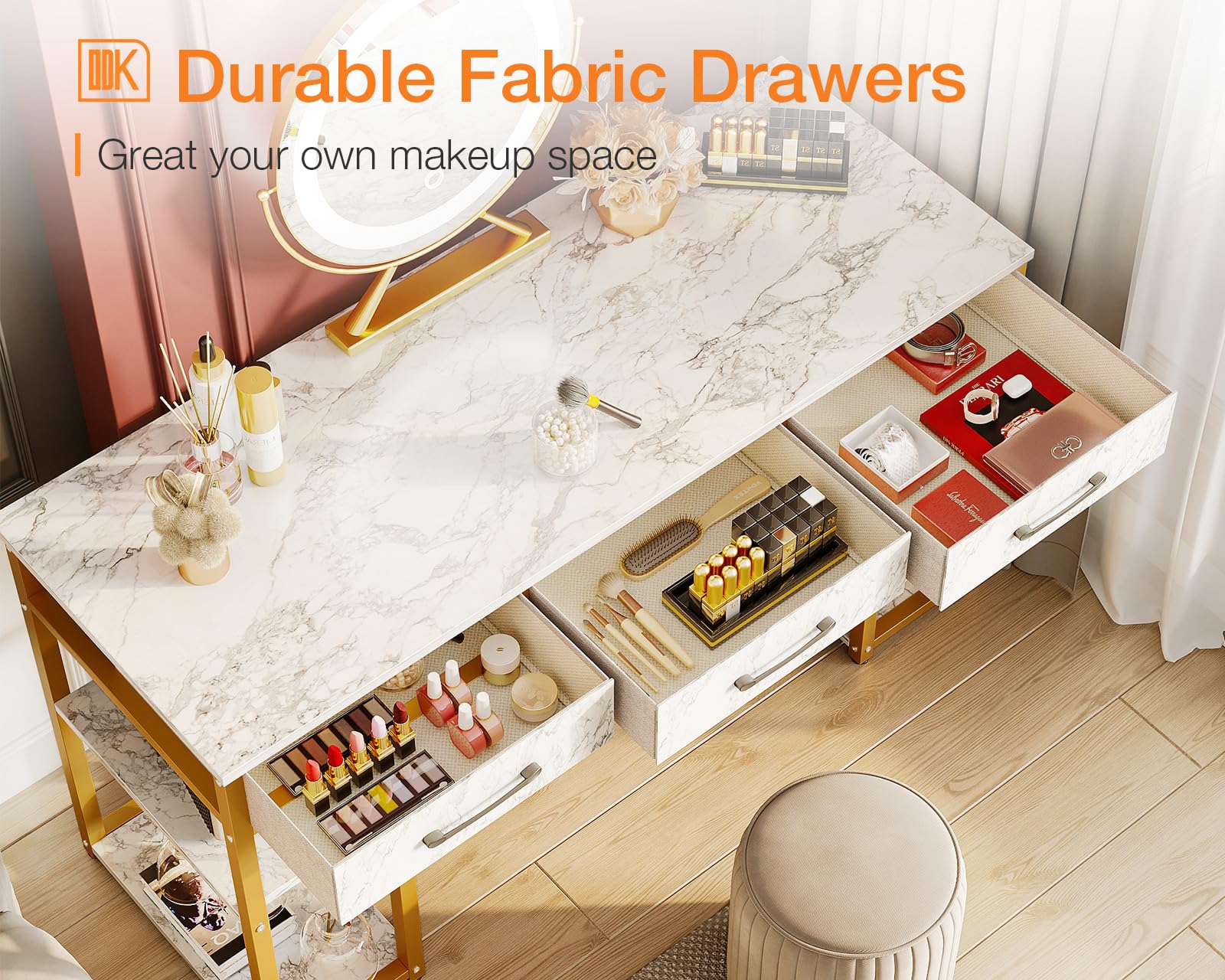 ODK White and Gold Vanity Desk with 3 Fabric Drawers & Storage Shelves, 48