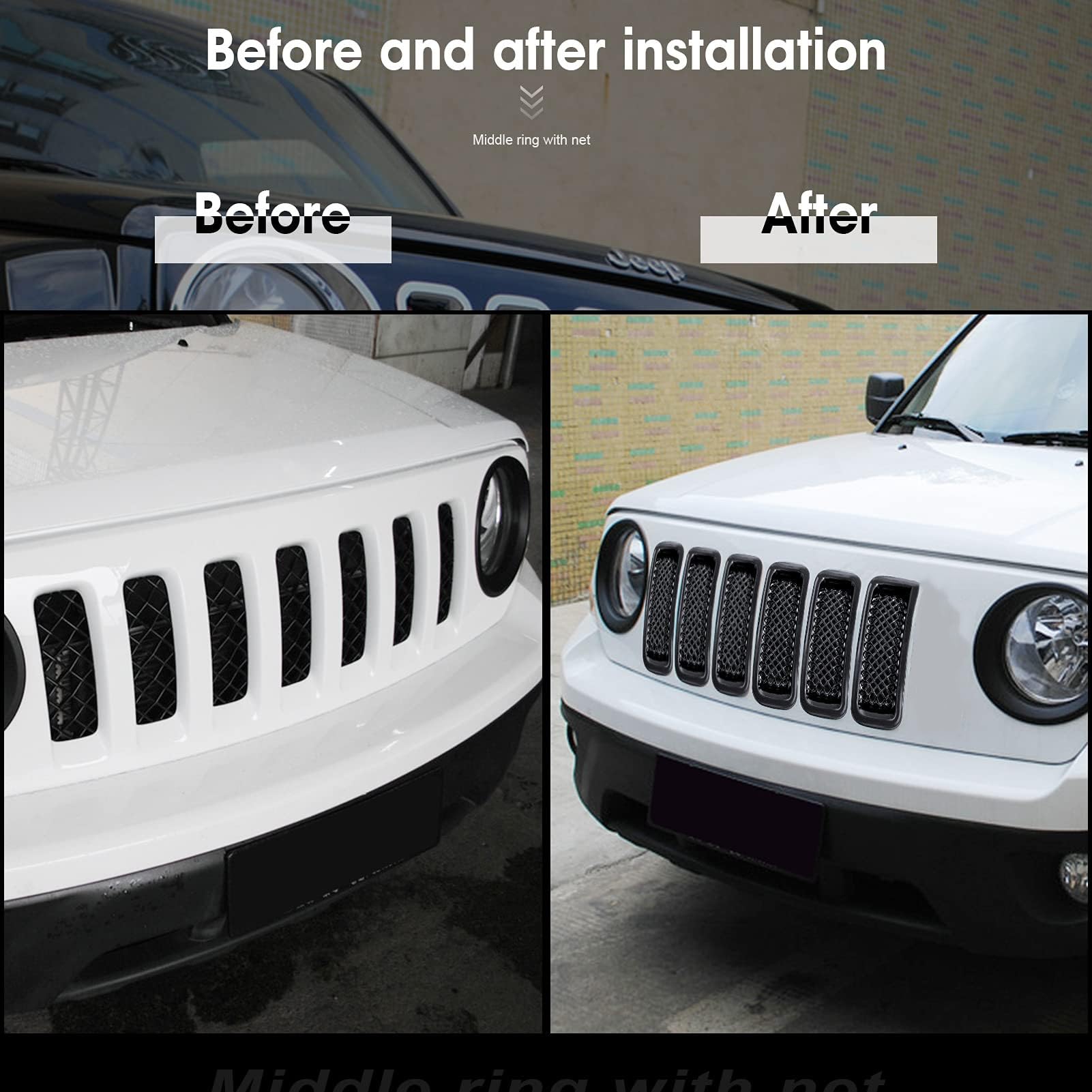 ABS Black 7-Piece Front Grill Mesh Inserts Cover Frame Trim Kit for 2011-2016 Jeep Patriot - Off-Road Style Upgrade & Improved Protection