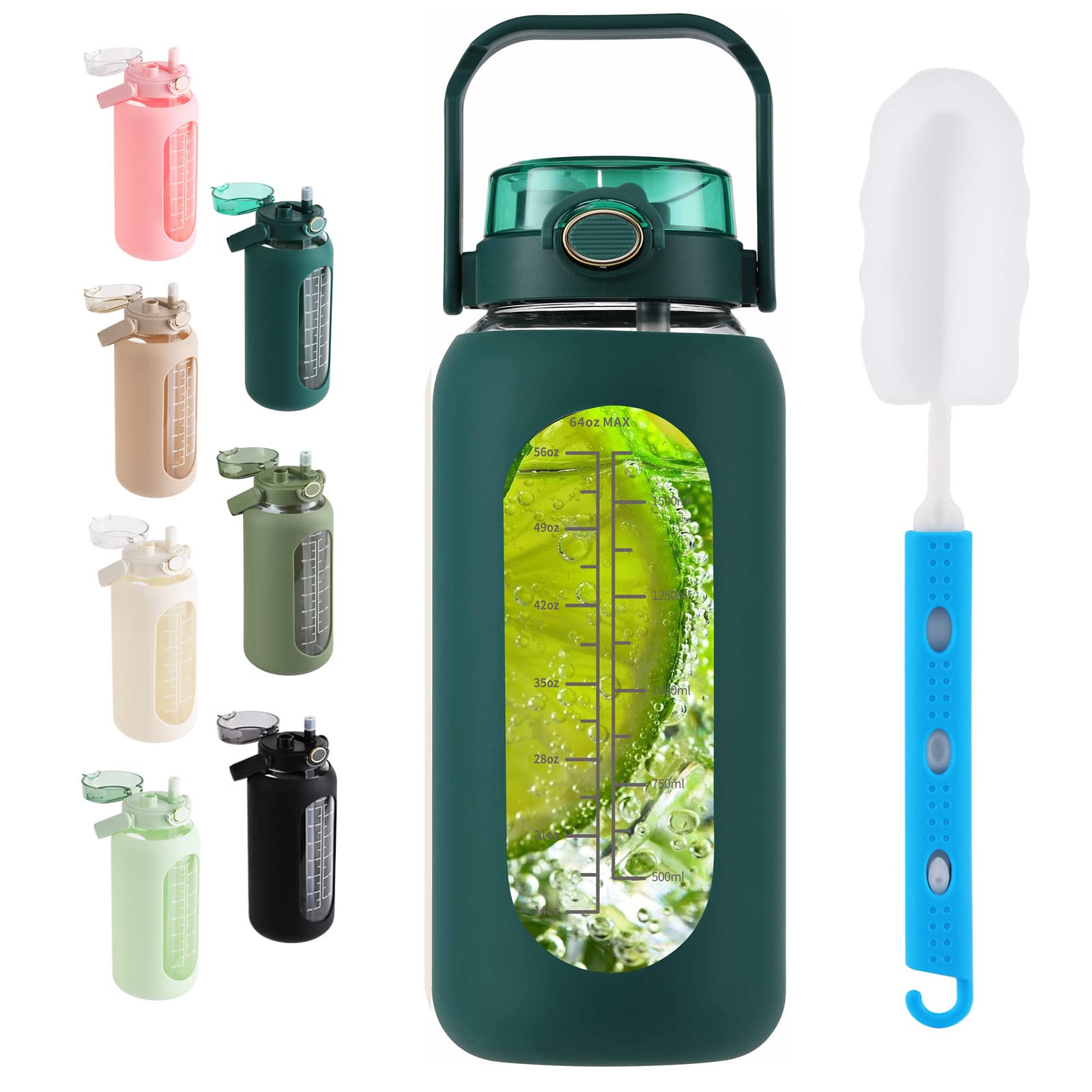 **64oz Glass Water Bottle with Straw & Handle Lid - Half Gallon Motivational Water Bottle with Silicone Sleeve & Time Marker - Large Reusable Sports Jug for Gym, Home, Workout & Outdoor Activities**