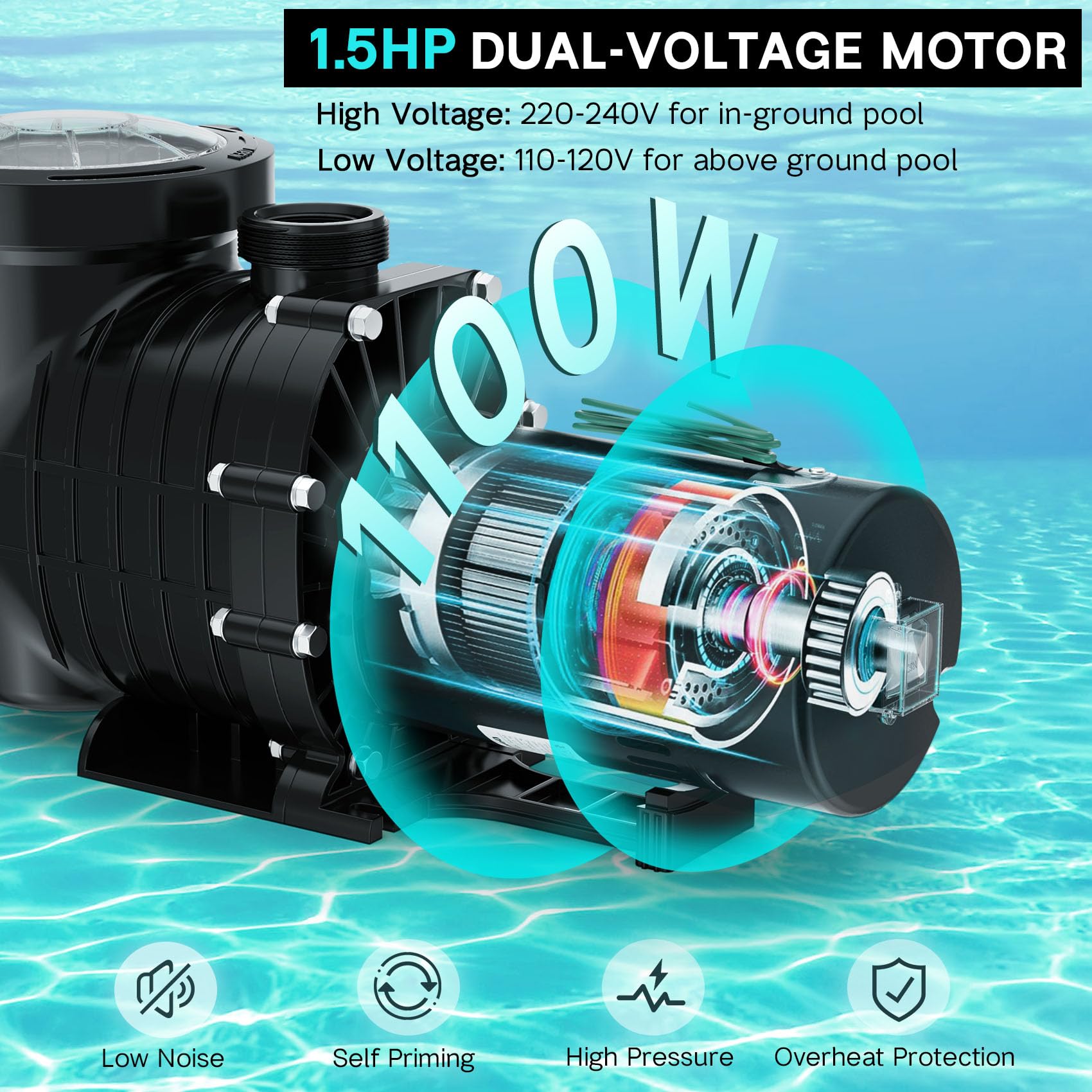 1.5 HP 6600GPH Powerful Self-Priming Pool Pump for Above Ground & Inground Pools (15,000-31,000 Gallons) - Dual Voltage Swimming Pool Pump with Strainer Basket & Drain Plug - Perfect for Backyard, Residential & Commercial Pool Maintenance