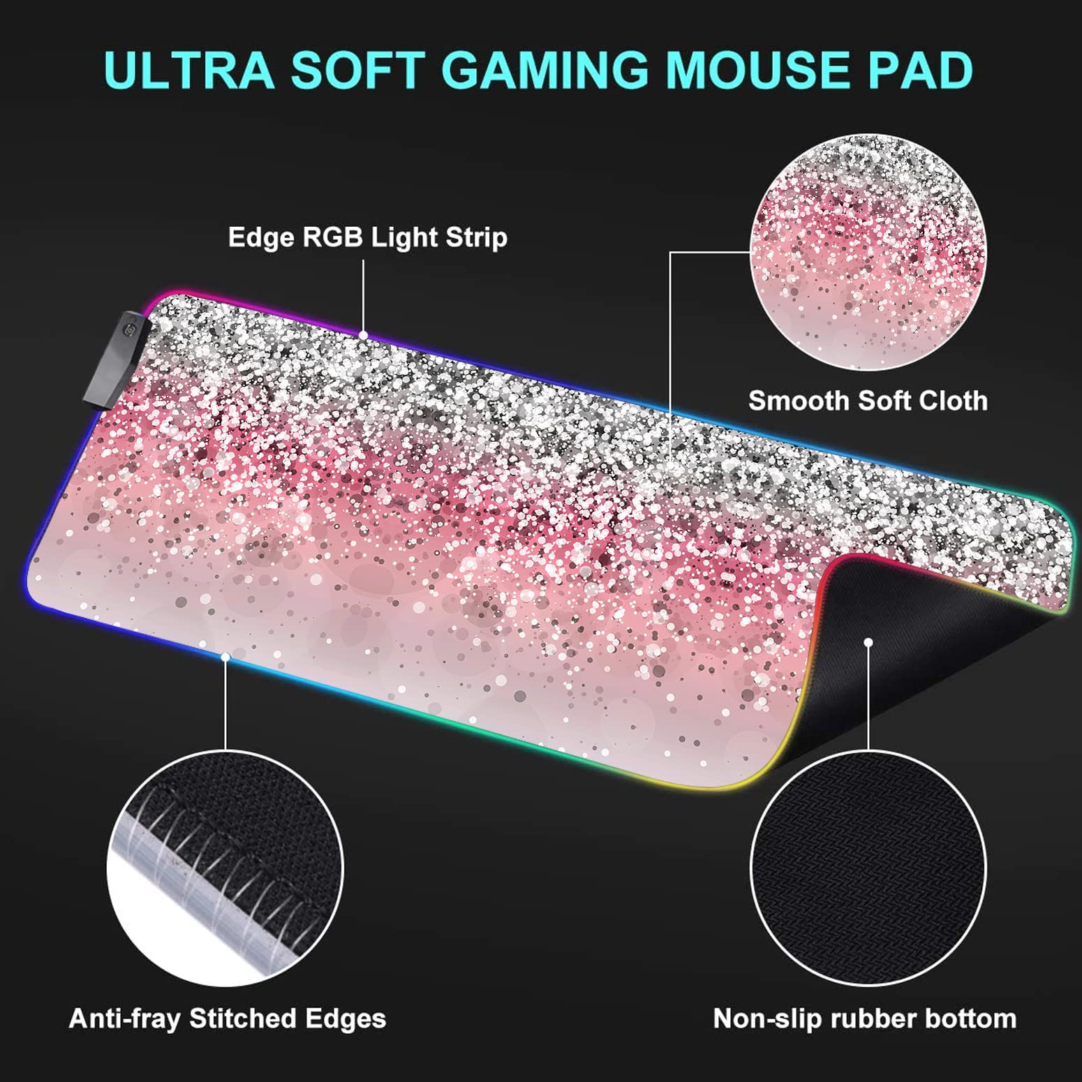 RGB Gaming Mouse Pad with LED Lights - Large Non-Slip Waterproof Desk Mat for Keyboard & Mouse - Pink Sparkles Glitter Pattern - Perfect for PC Gaming, Office Work & Streaming Setup