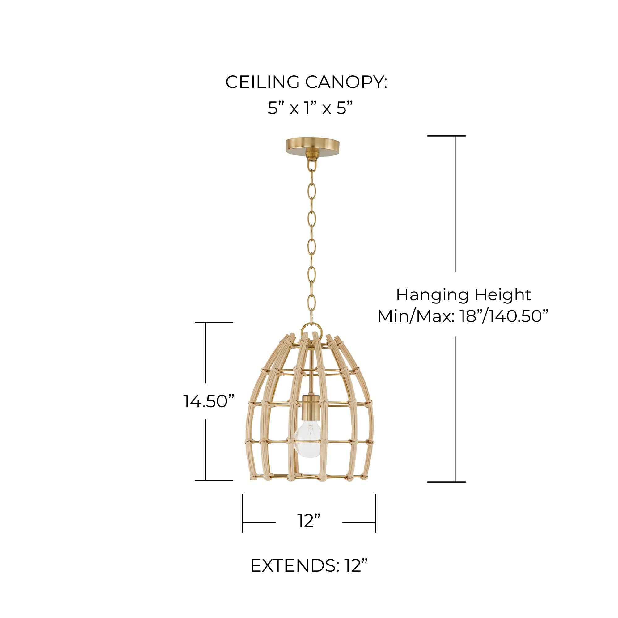 Capital Lighting 344111MA Wren Modern Handcrafted Rattan Bell Pendant Ceiling Light Fixture - 1-Light 100W, 15