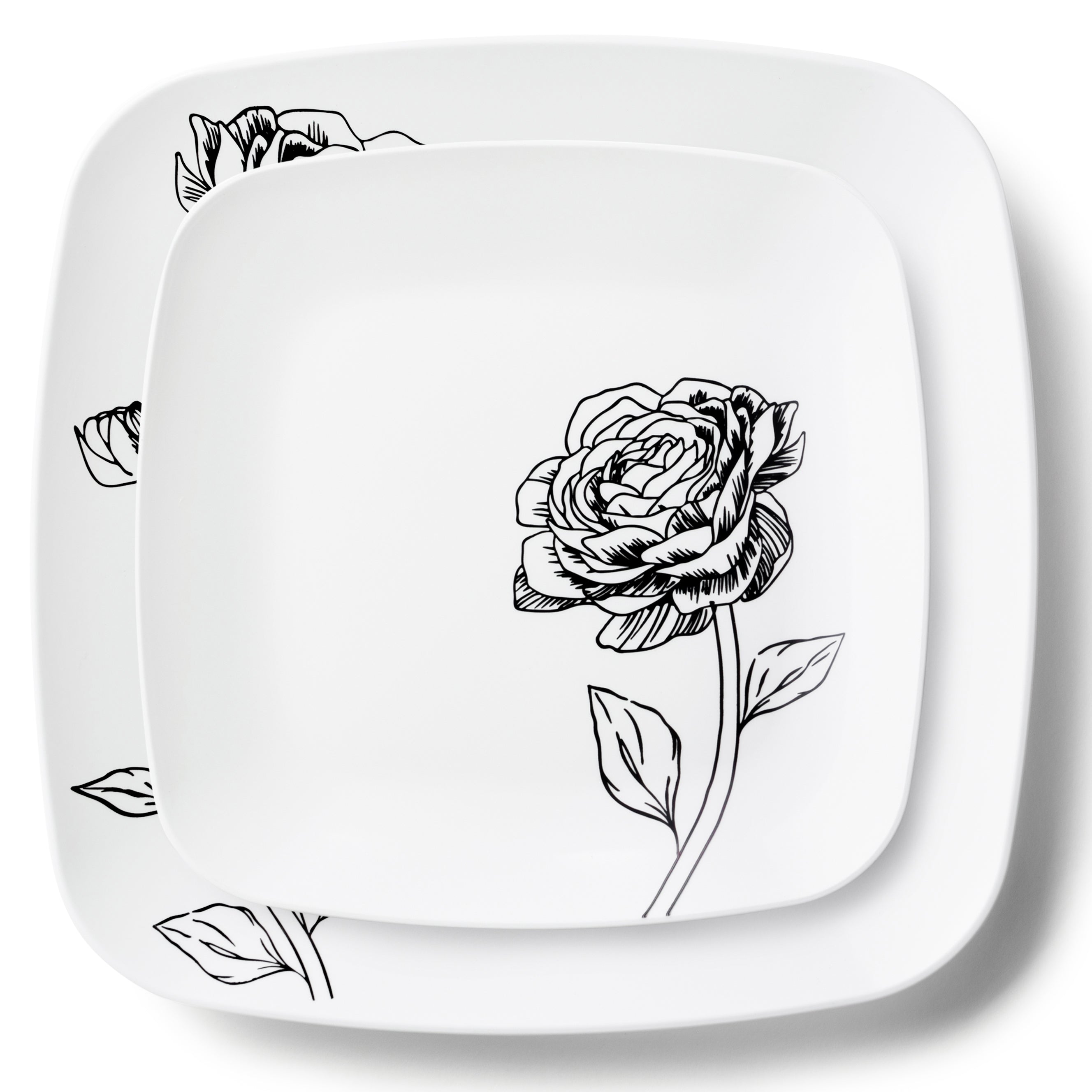 32-Piece White and Black Square Plastic Dinnerware Set - 16 Place Settings - Durable Melamine Dinner Plates, Bowls, Cups & Utensils - Perfect for Outdoor Picnics, BBQs, Parties and Everyday Use