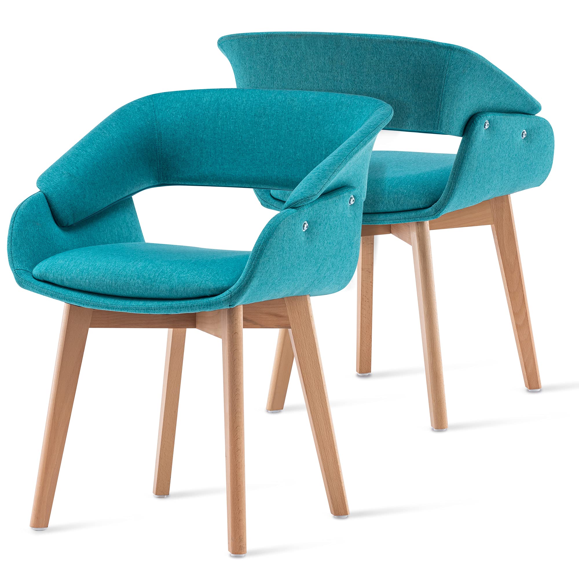 Mid-Century Modern Dining Chairs Set of 2 - Upholstered Accent Armchairs with Solid Wood Legs & Linen Fabric for Living Room, Dining Room, Guest Seating (Teal Blue with Cushions Included) - Perfect for Home Decor, Dinner Parties, and Cozy Reading Nooks