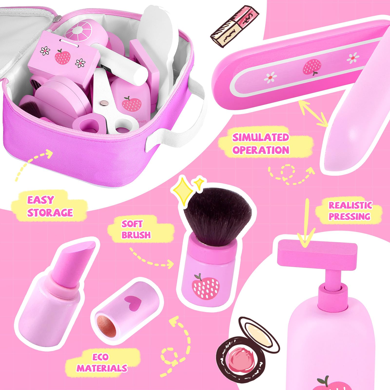GAGAKU Wooden Makeup Set for Kids - Montessori Fake Makeup Play Dress Up Kit with Hair Dryer & Mirror - Pretend Play Cosmetic Toy for Toddler Girls (Birthday Gift, Role Play, Dress Up Party)