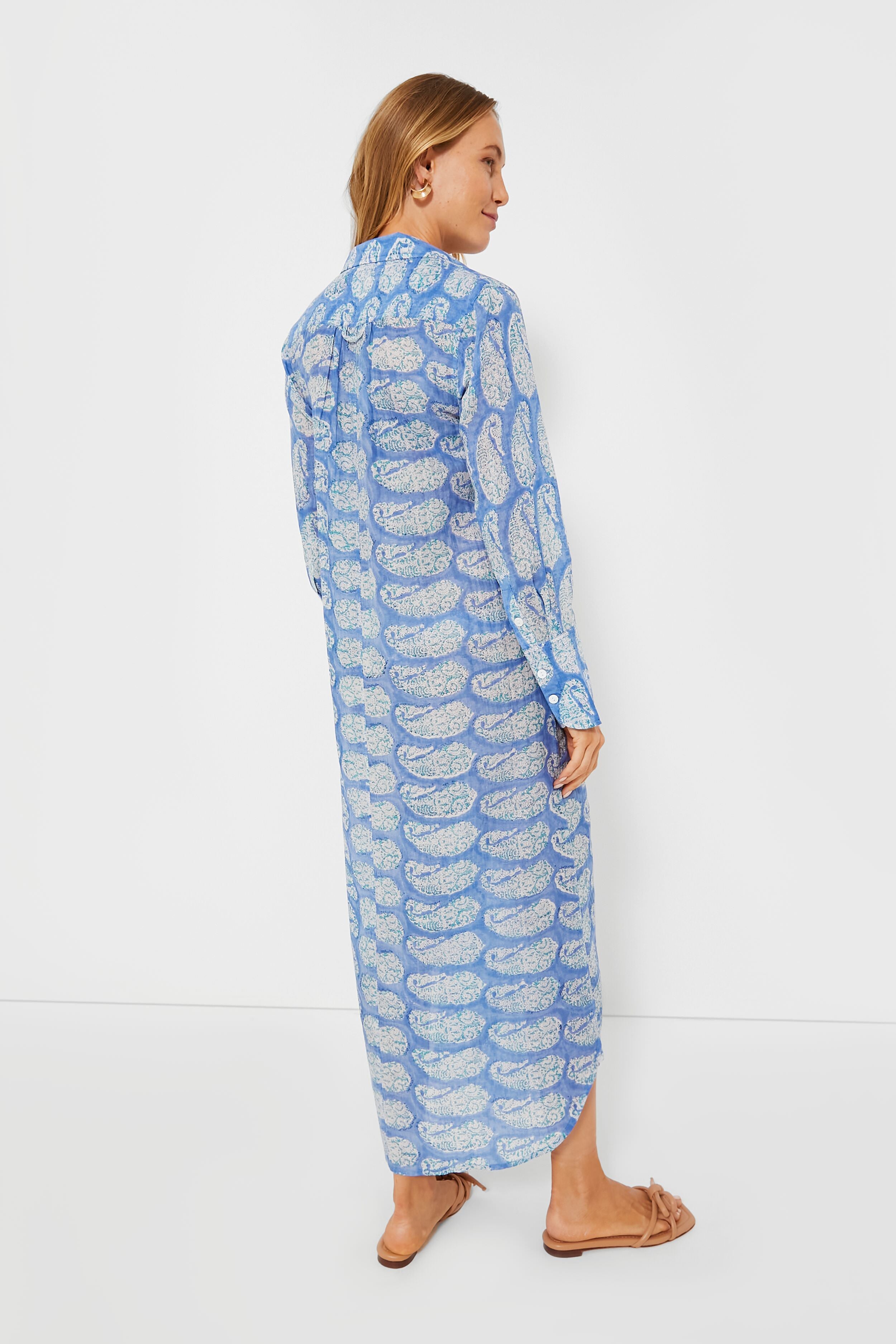 Blue Turquoise Paisley Print Oversized Maxi Shirt Dress for Women | Boho Chic Beach Cover-Up & Summer Casual Outfit