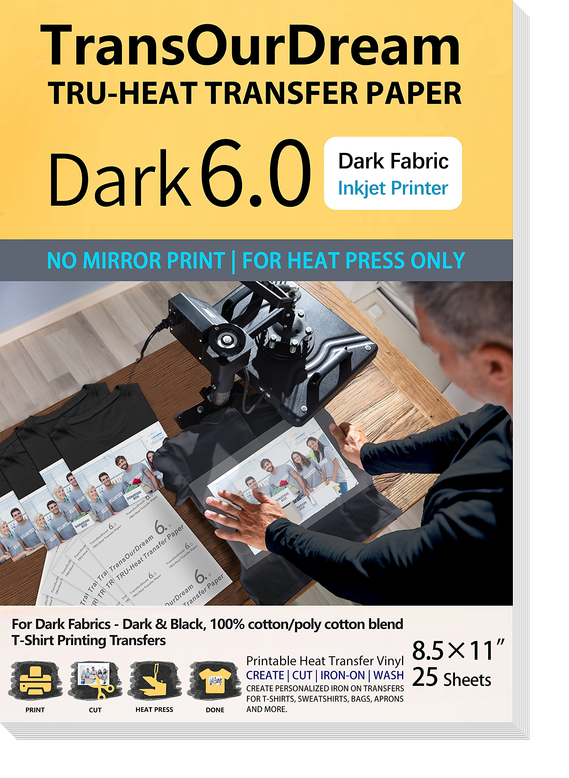 Premium Iron-On Heat Transfer Paper for Dark Fabrics - 25 Sheets (8.5x11 Inch) Printable HTV Vinyl for T-Shirts, Hoodies & DIY Crafts - Compatible with Inkjet Printers & Heat Press Machines - TRANS-D6-20 - Perfect for Custom Apparel, Team Uniforms & Personalized Gifts