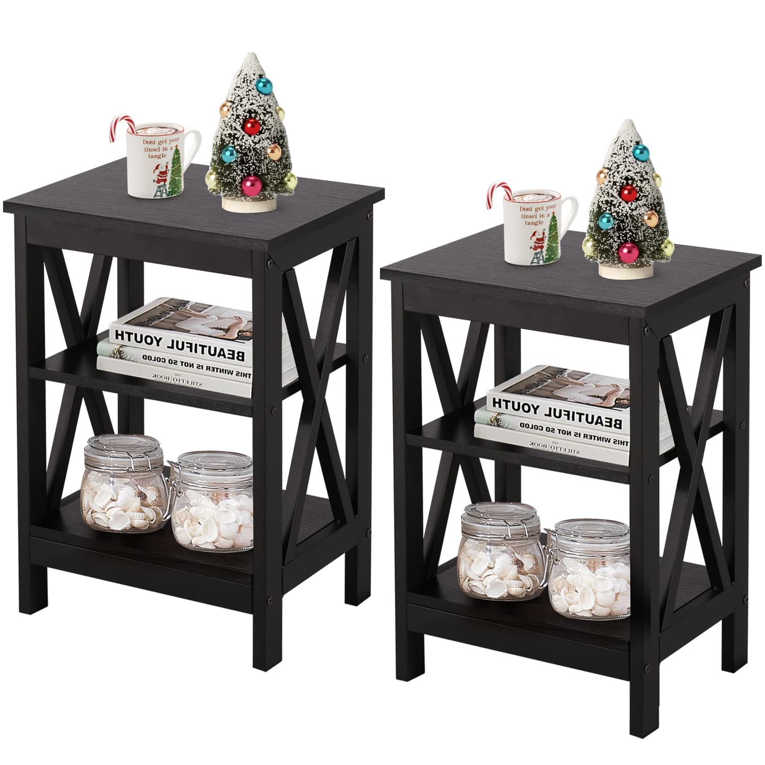 VECELO 2-Pack Black End Side Table with Storage Shelf - Modern Nightstand for Bedroom, Living Room | Space-Saving Furniture for Small Apartments & Dorm Rooms
