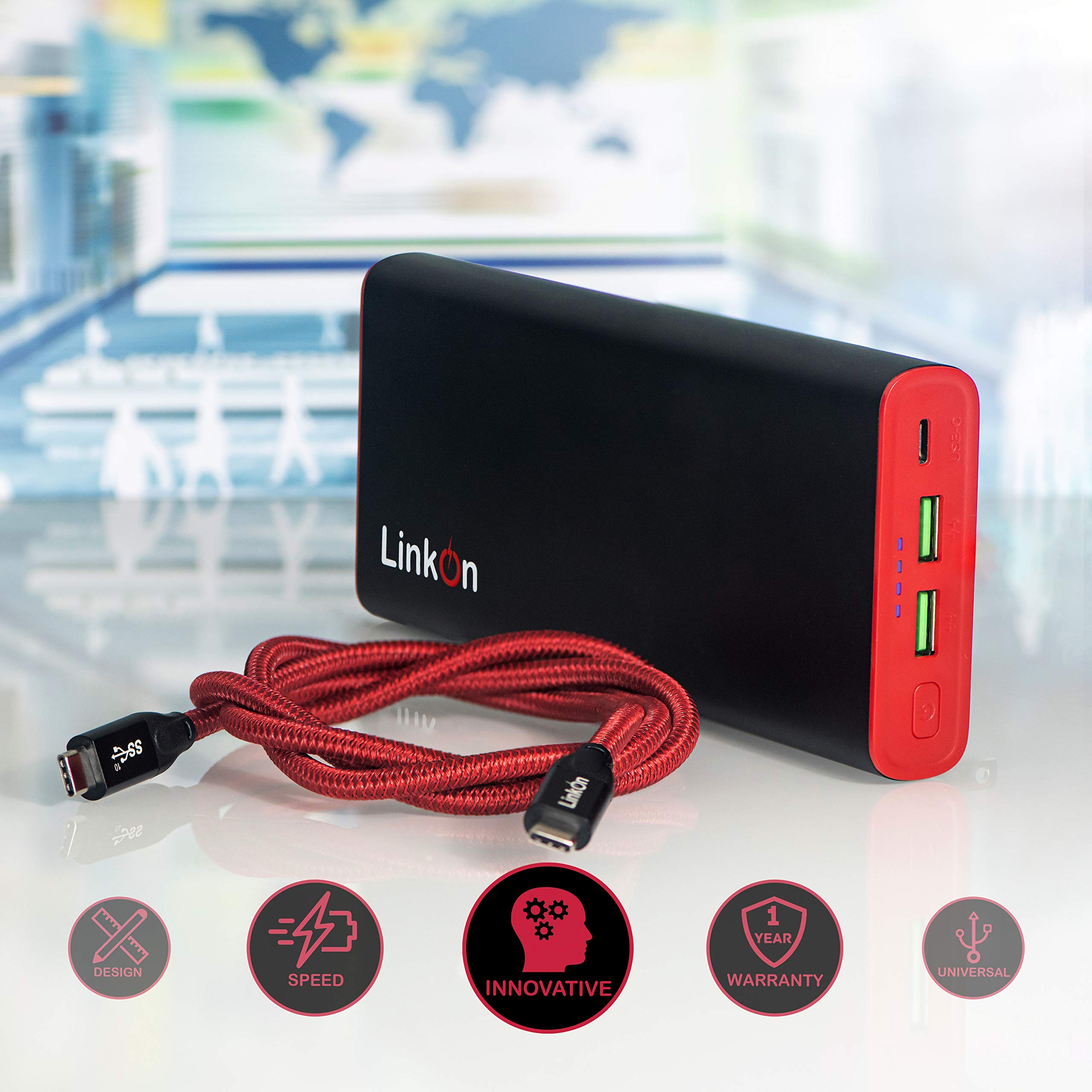 LinkOn 136W 26800mAh Power Bank with 100W USB-C PD3.0 & Dual 18W USB-A QC3.0 Ports - Fast Charging External Battery for MacBook, Dell, HP, Surface, Chromebook - Perfect for Travel, Work, and Emergency Power Backup