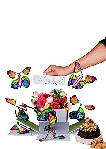 SendACake Celebration Explosion Gift Box - Ready-to-Gift Chocolate Chip Mini Bundt Cake with Flying Butterflies & Flower Shower - Unique Birthday Gifts for Women, Men, Family & Friends (Birthdays, Weddings, Anniversaries) - Perfect for Surprise Parties, Office Celebrations & Special Occasions