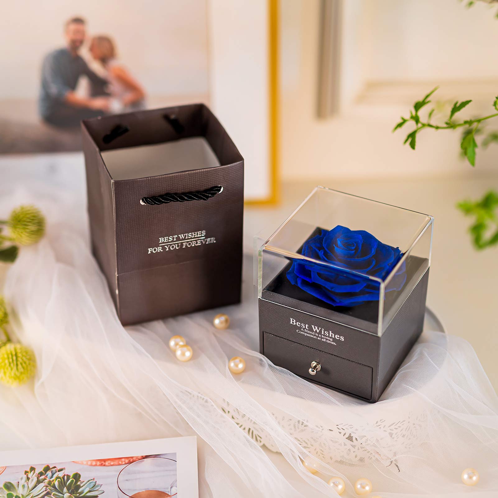 NUPTIO Preserved Fresh Rose in Jewelry Box - Eternal Infinity Rose Gift for Women, Blue Everlasting Flower for Wedding, Valentine's Day, Birthday & Mother's Day | Romantic Home Decor, Wedding Centerpiece, Luxury Gift Box for Special Occasions