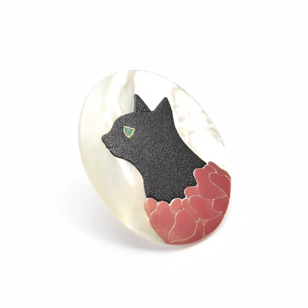 Traditional Japanese Maki-e Urushi Lacquer Brooch with White South Sea Pearl Shell - Cat and Flower Design - Handcrafted Jewelry for Women | Perfect for Weddings, Parties & Special Occasions
