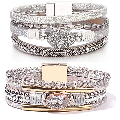 Fancy Shiny Leather Wrap Bracelet with Crystal Beads & Magnetic Clasp - Boho Stone Charm Cuff Bracelet for Women | Perfect for Parties, Weddings & Everyday Boho Fashion