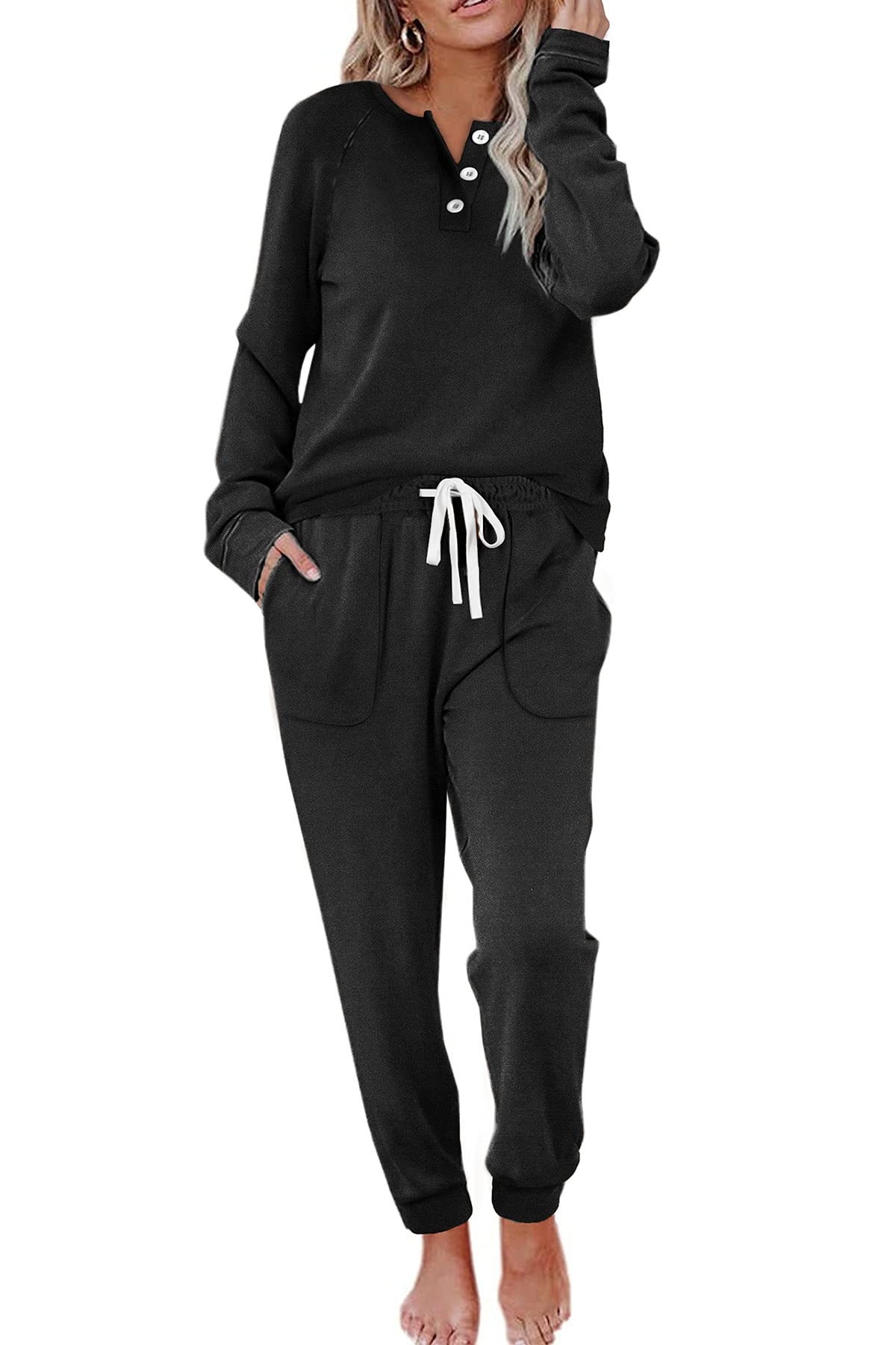 WIHOLL Women's 2-Piece Lounge Set - Button Down Sweatshirt & Sweatpants Outfit with Pockets | Cozy Casual Wear for Home, Travel & Relaxation