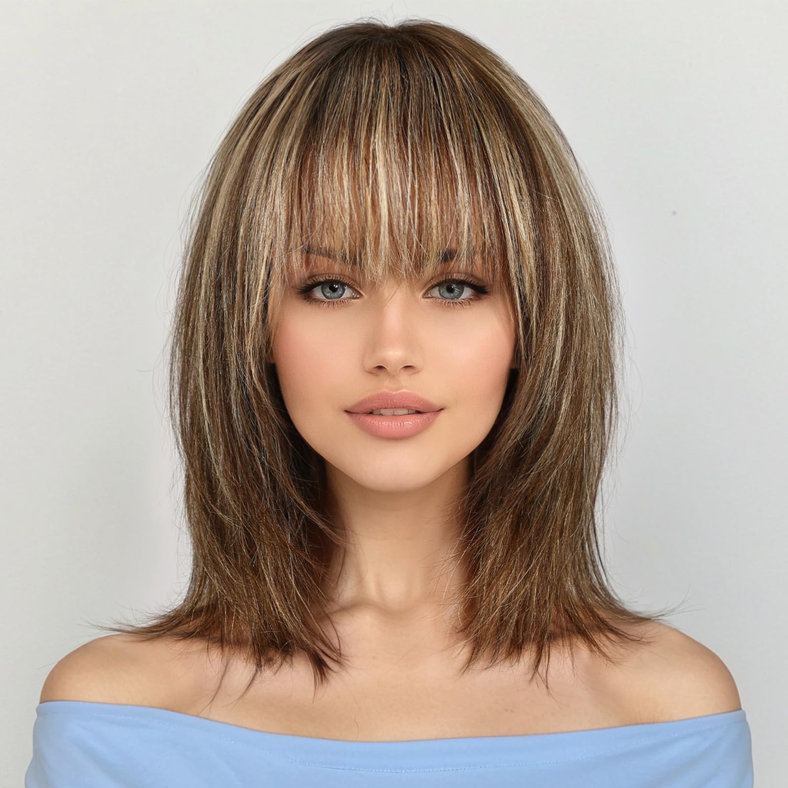 12 Inch Brown Mixed Blonde Human Hair Wigs for Women - Remy Brazilian Hair with Bangs - Natural Looking Wigs for Daily Wear, Cosplay & Special Occasions