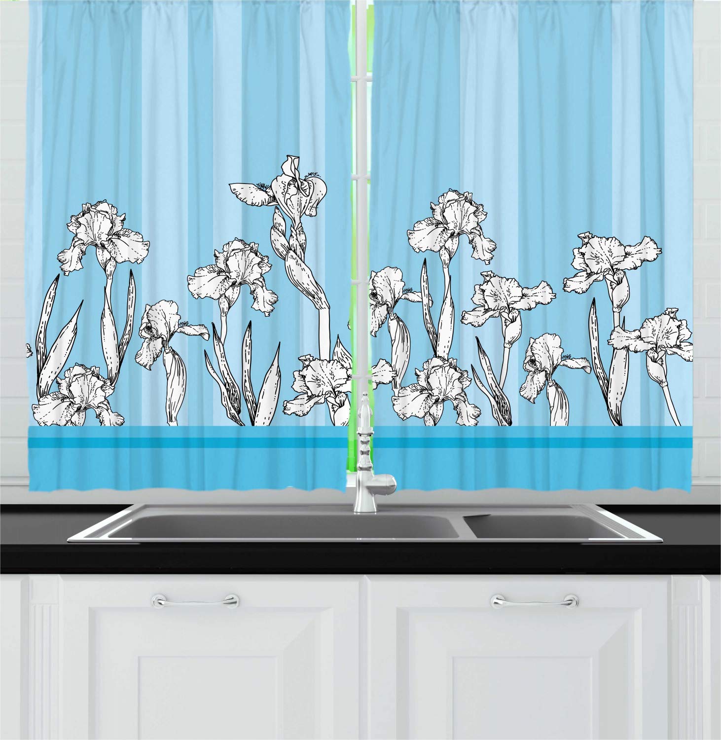 Lunarable Blue Floral Kitchen Curtains - 2 Panel Set with Iris Flower Design for Windows, 55