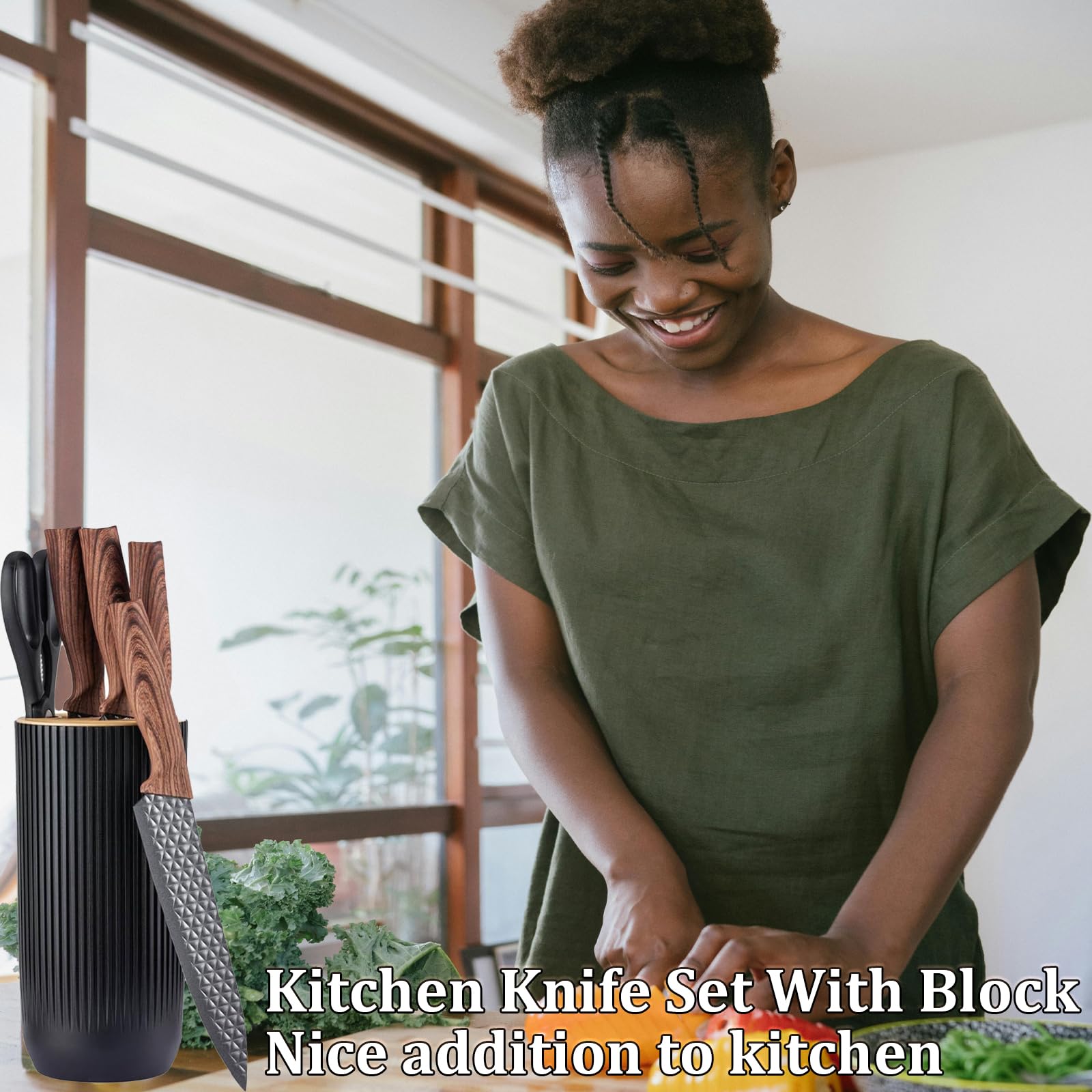 Premium 6-Piece Kitchen Knife Set with Wooden Block - Professional Chef Knives for Slicing, Dicing & Chopping - Perfect for Home Cooking, Restaurant Use & Gift Giving (Black)