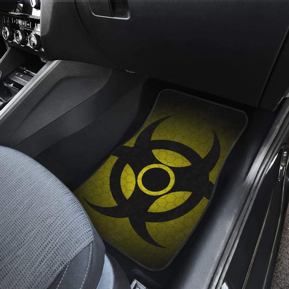Black Biohazard Warning Car Floor Mats with Yellow Background - Durable Anti-Slip Vehicle Floor Liners for Trucks, SUVs & Cars | Perfect for Halloween, Zombie Apocalypse & Horror Themed Events