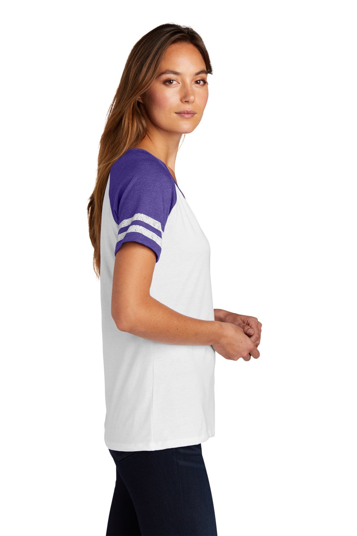 District Made Women's Game V-Neck T-Shirt - White & Heathered Purple - Casual Wear for Sports, Outings & Everyday Comfort