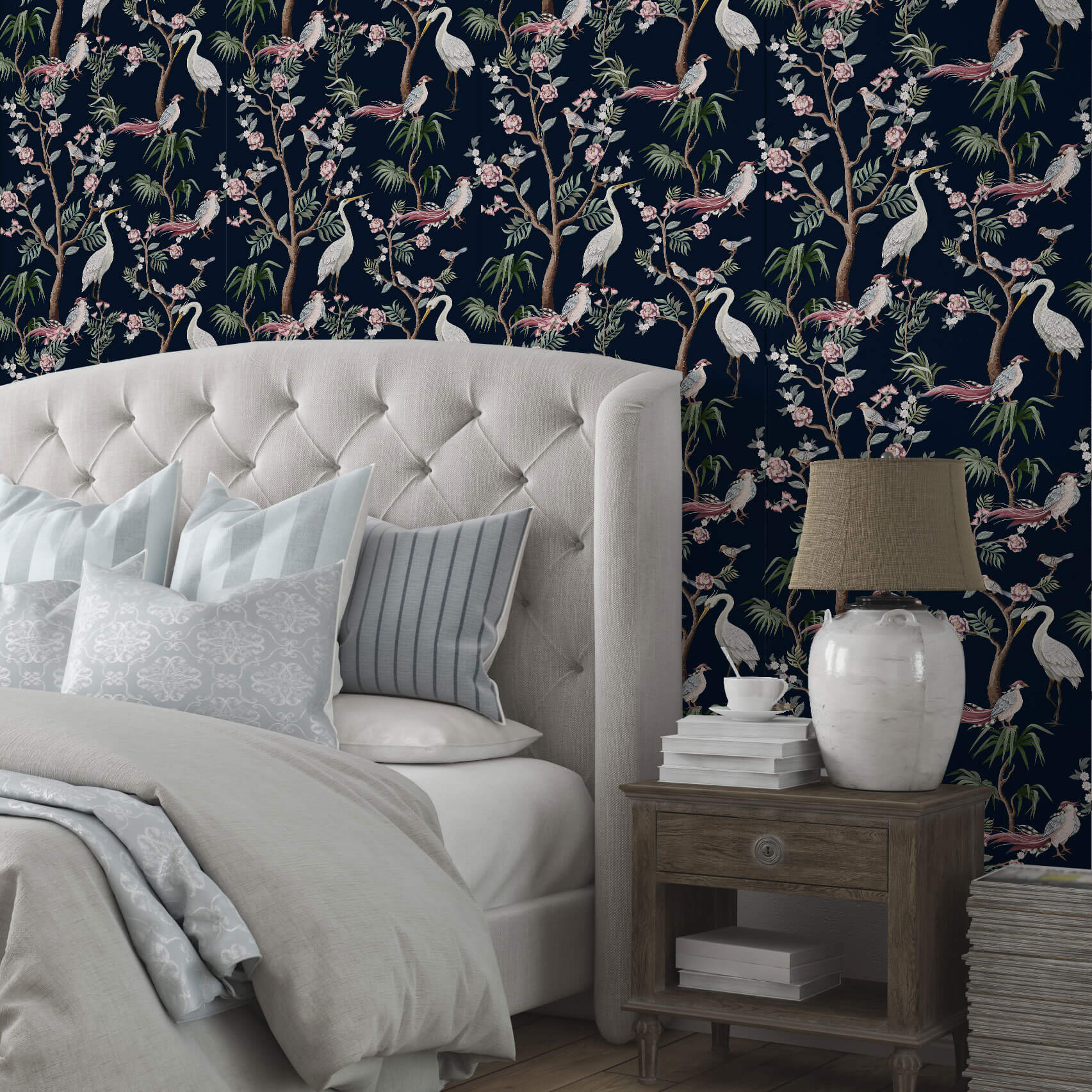 Blue and White Birds Peel and Stick Removable Wallpaper - Self-Adhesive Decorative Wall Mural for Bedroom, Nursery, Living Room, Office - Easy to Install & Remove - Pattern 7002