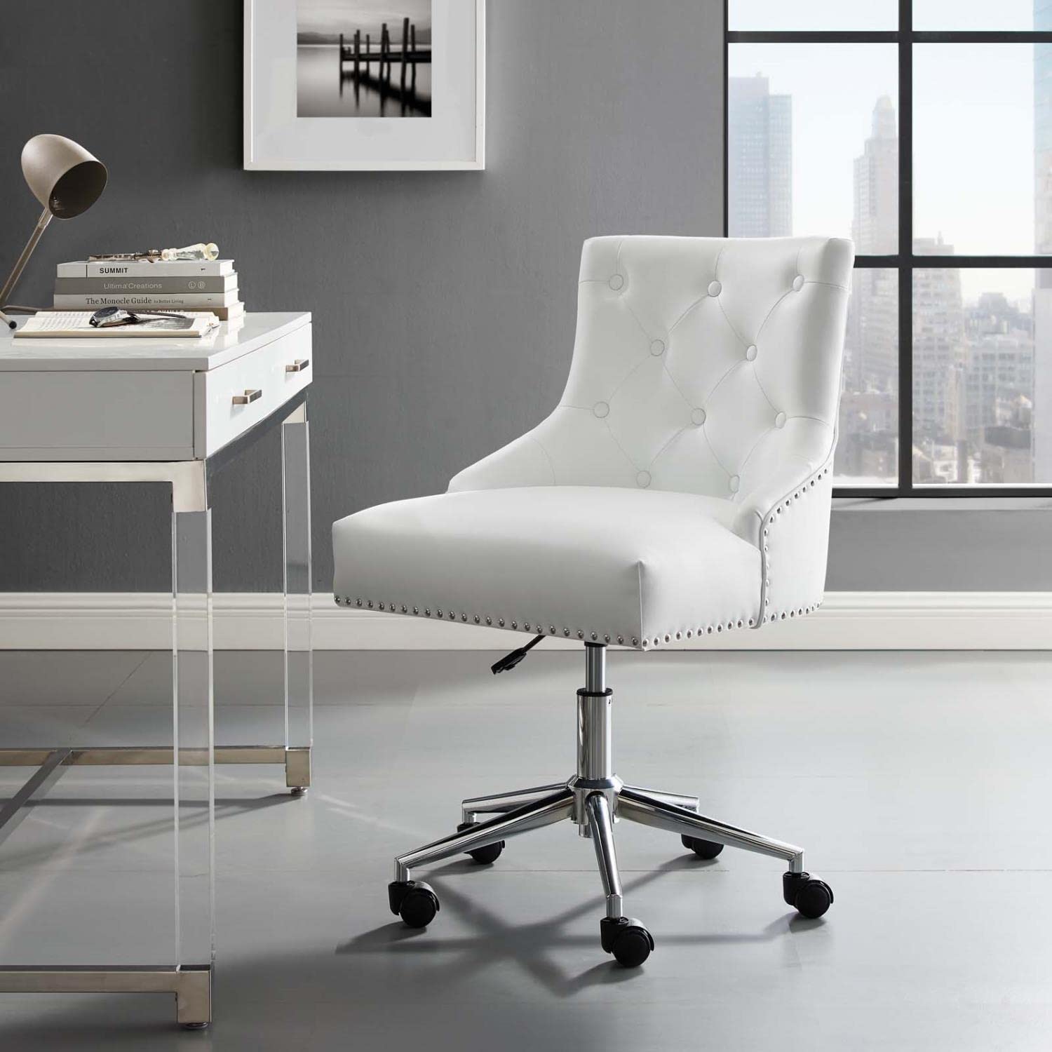 Modway Regent Tufted Button Faux Leather Swivel Office Chair with Nailhead Trim - White Ergonomic Desk Chair for Home Office, Gaming & Conference Room
