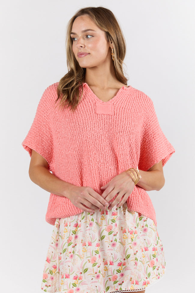 Coral Short Sleeve Textured Lightweight Sweater for Women - Breathable Summer Knit Top - Perfect for Beach Outings & Casual Wear