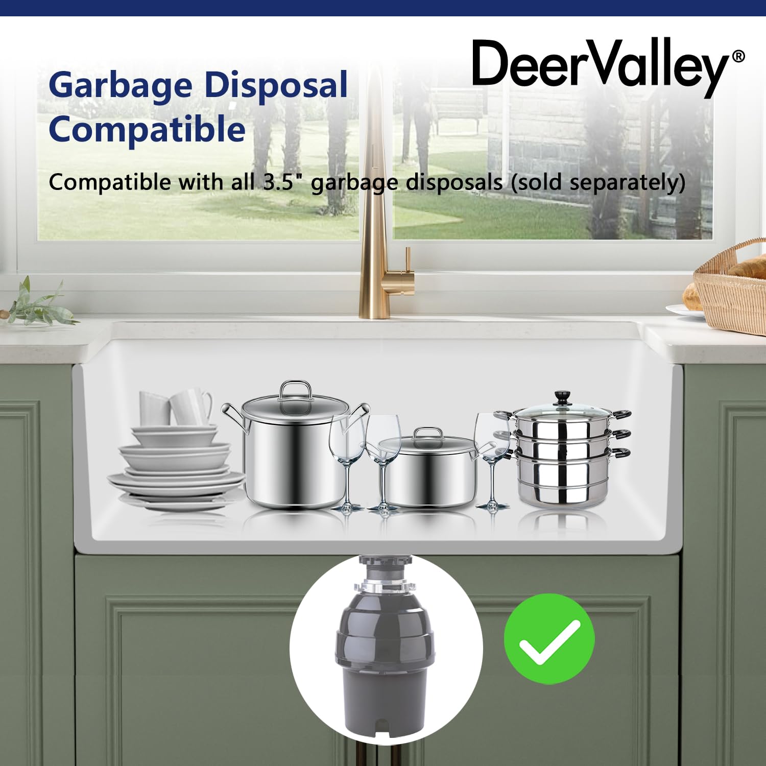DeerValley 33 Inch White Farmhouse Kitchen Sink - Fireclay Apron Front Single Bowl Undermount Sink with Deep Basin, Bottom Grid & Strainer - Perfect for Rustic, Farmhouse & Modern Kitchens