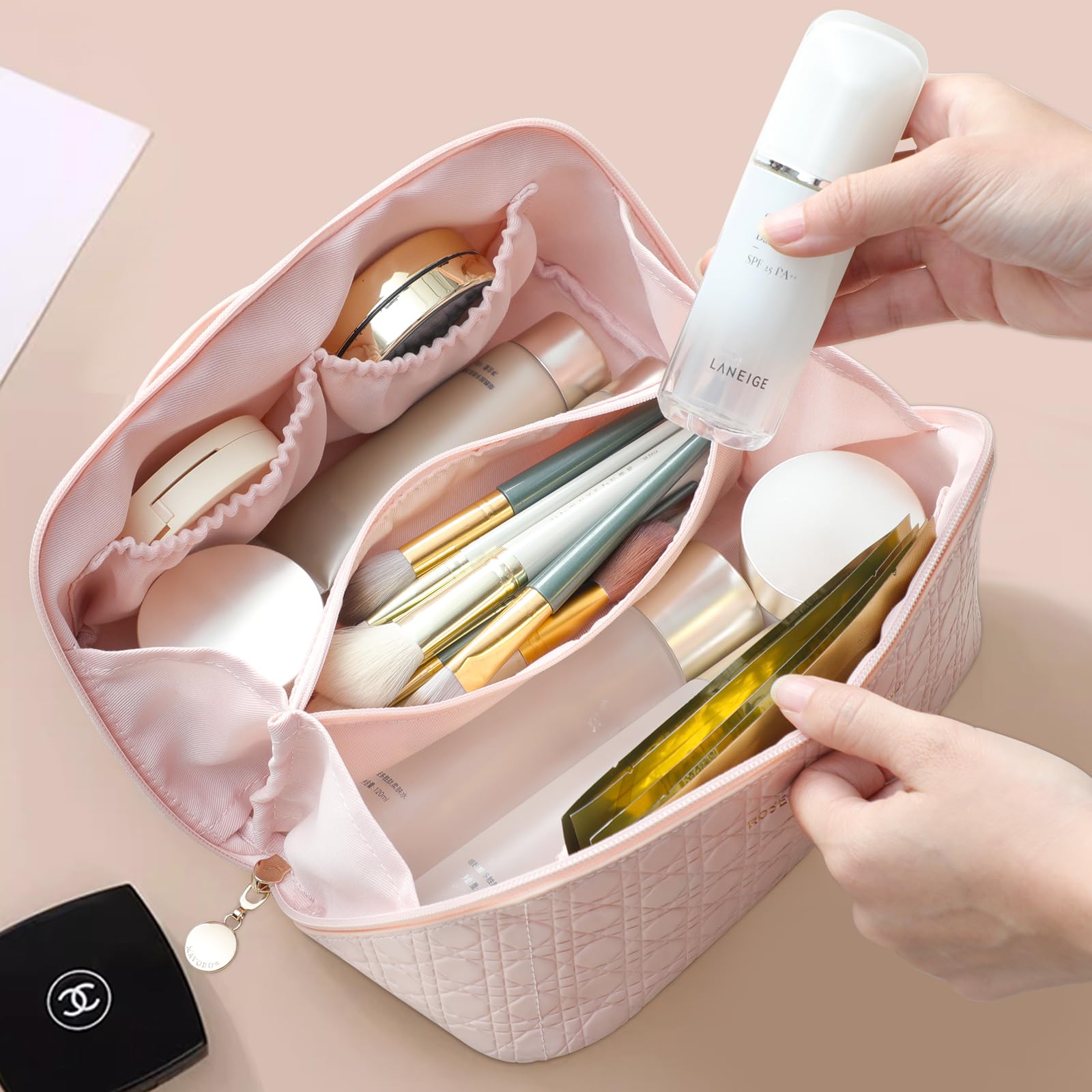 Large Capacity Waterproof PU Leather Travel Makeup Bag for Women - Portable Cosmetic Organizer with Dividers, Pink | Perfect for Vacation, Gym & Daily Use